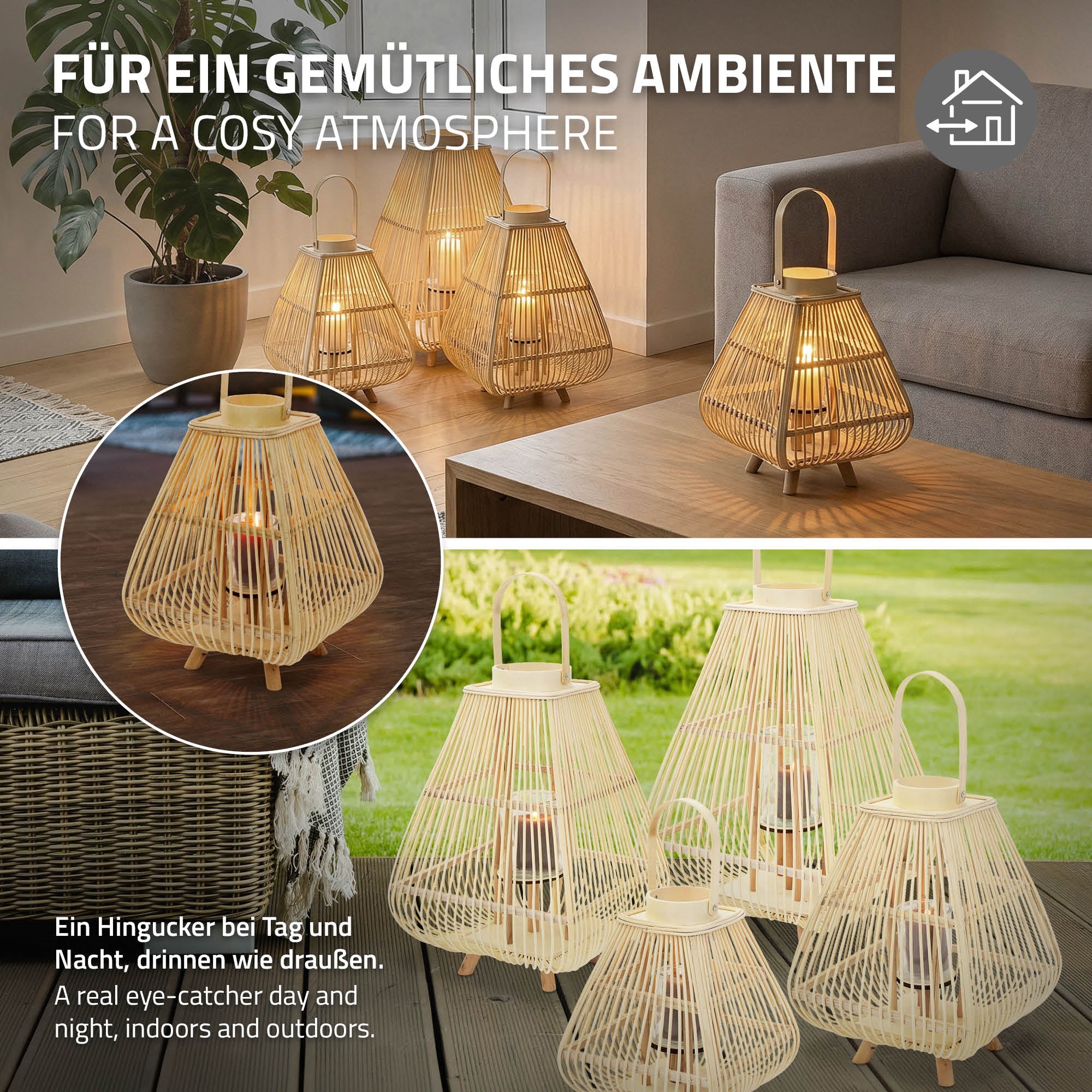 Mehrere geflochtene Laternen aus Holz auf einem Tisch, umgeben von einer gemütlichen Atmosphäre.