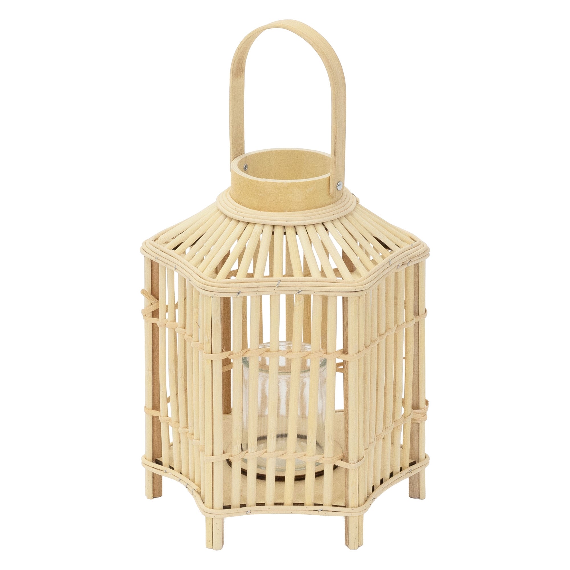 Bambusová lampa s průhlednou skleněnou nádobou, na světlém podkladu.