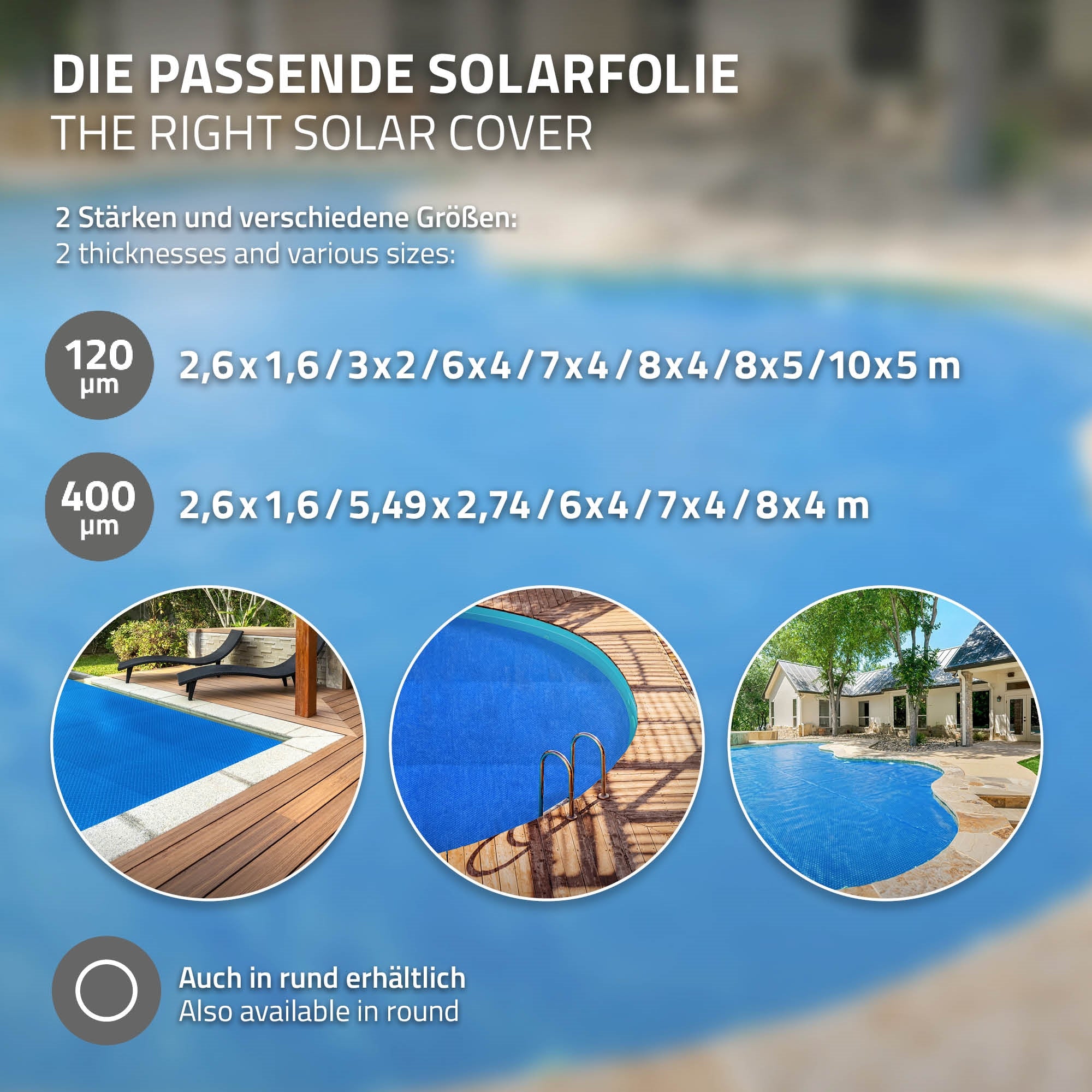 Grafik mit verschiedenen Größen von Solarfolien für Pools.