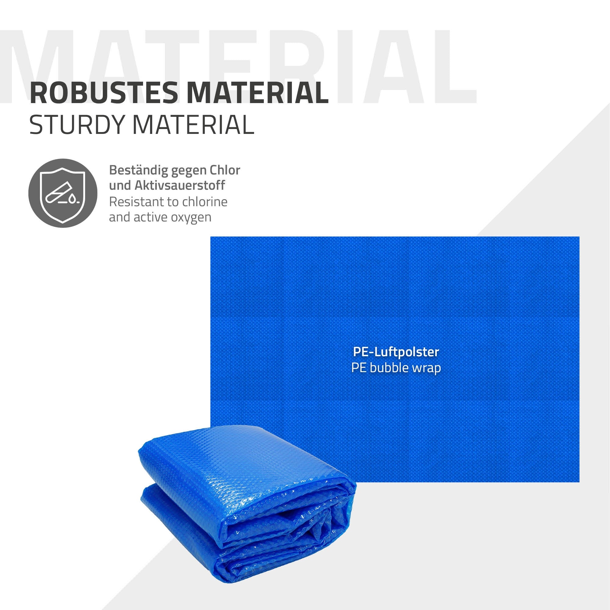 Blaues, robustes Material mit PE-Luftpolster und Hinweis auf Chlorbeständigkeit.