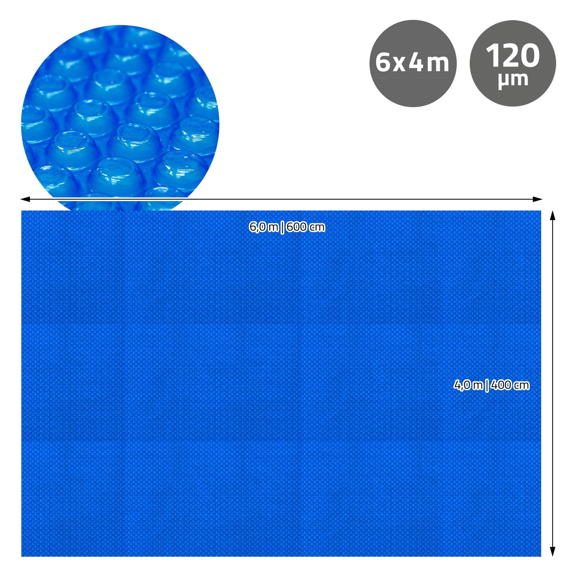 Maßzeichnung einer blauen Pool-Solarfolie mit Abmessungen.