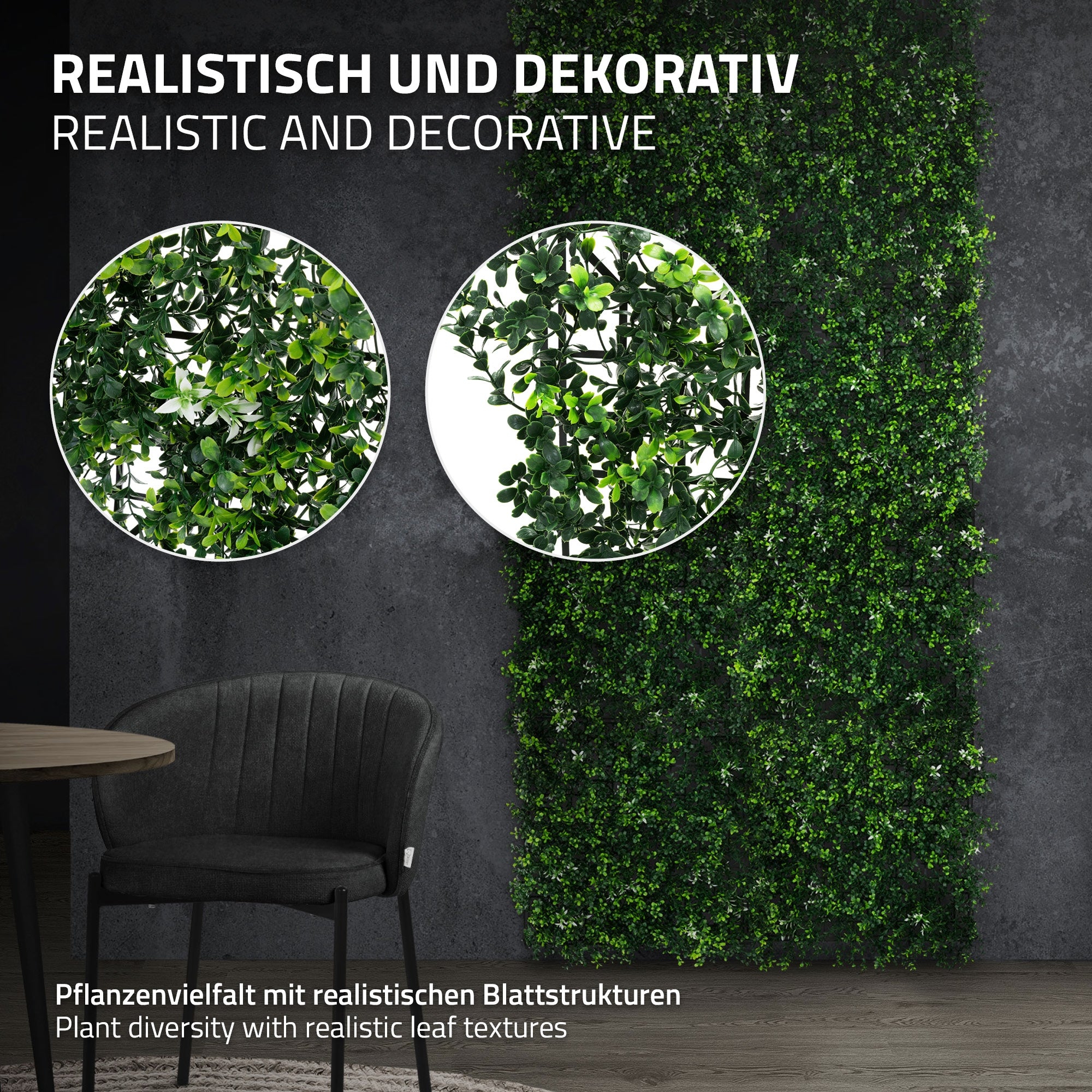 Gros plan sur des plantes avec différentes structures de feuilles sur un mur.