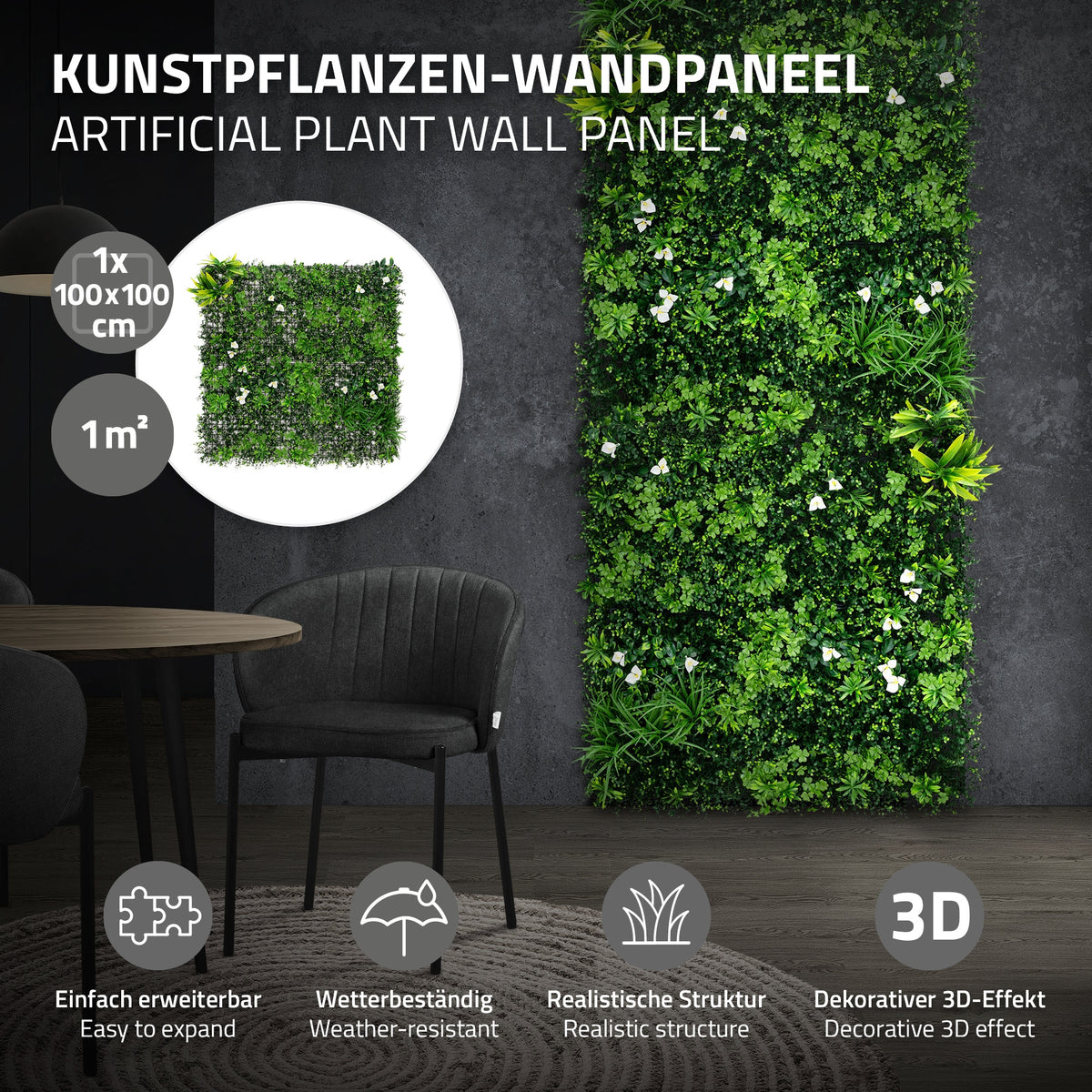 Panneau mural en plantes artificielles avec des plantes vertes sur un mur, chaise au premier plan.