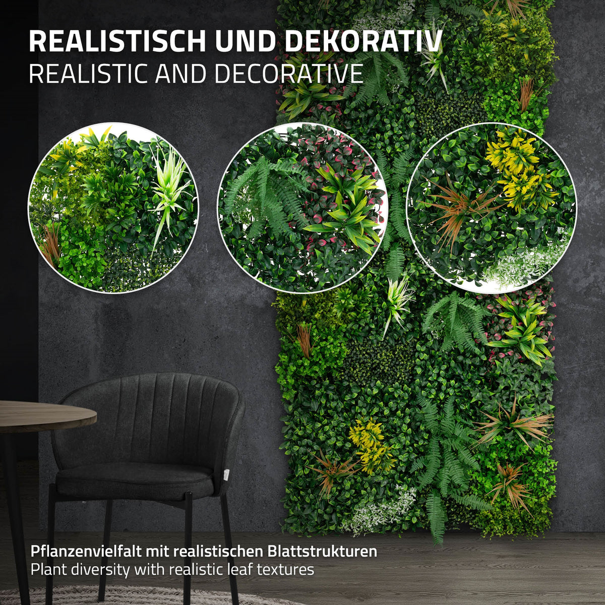 Mur avec différentes plantes vertes et feuilles décoratives.