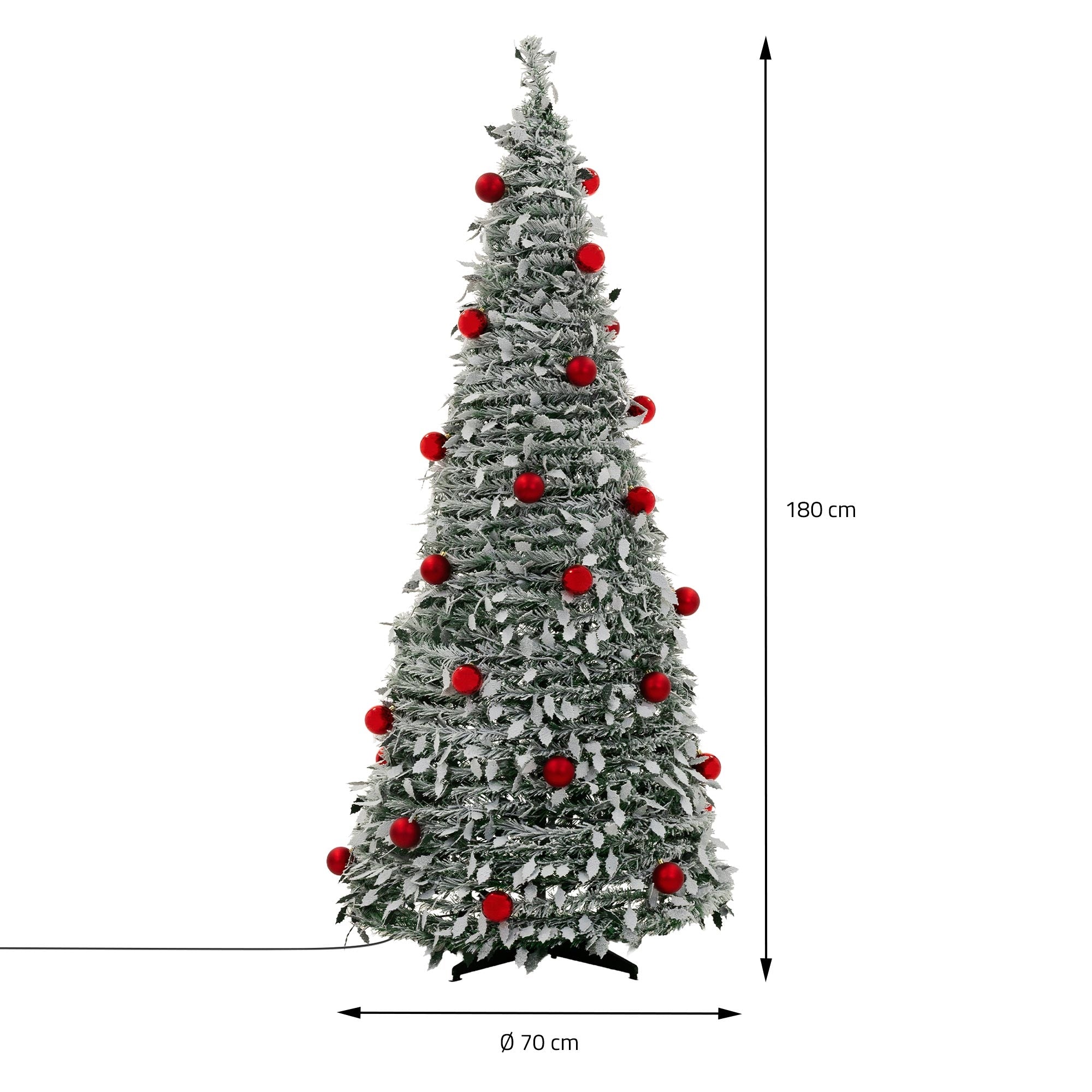 Umělý vánoční stromeček s červenými koulemi, výška 180 cm, průměr 70 cm.