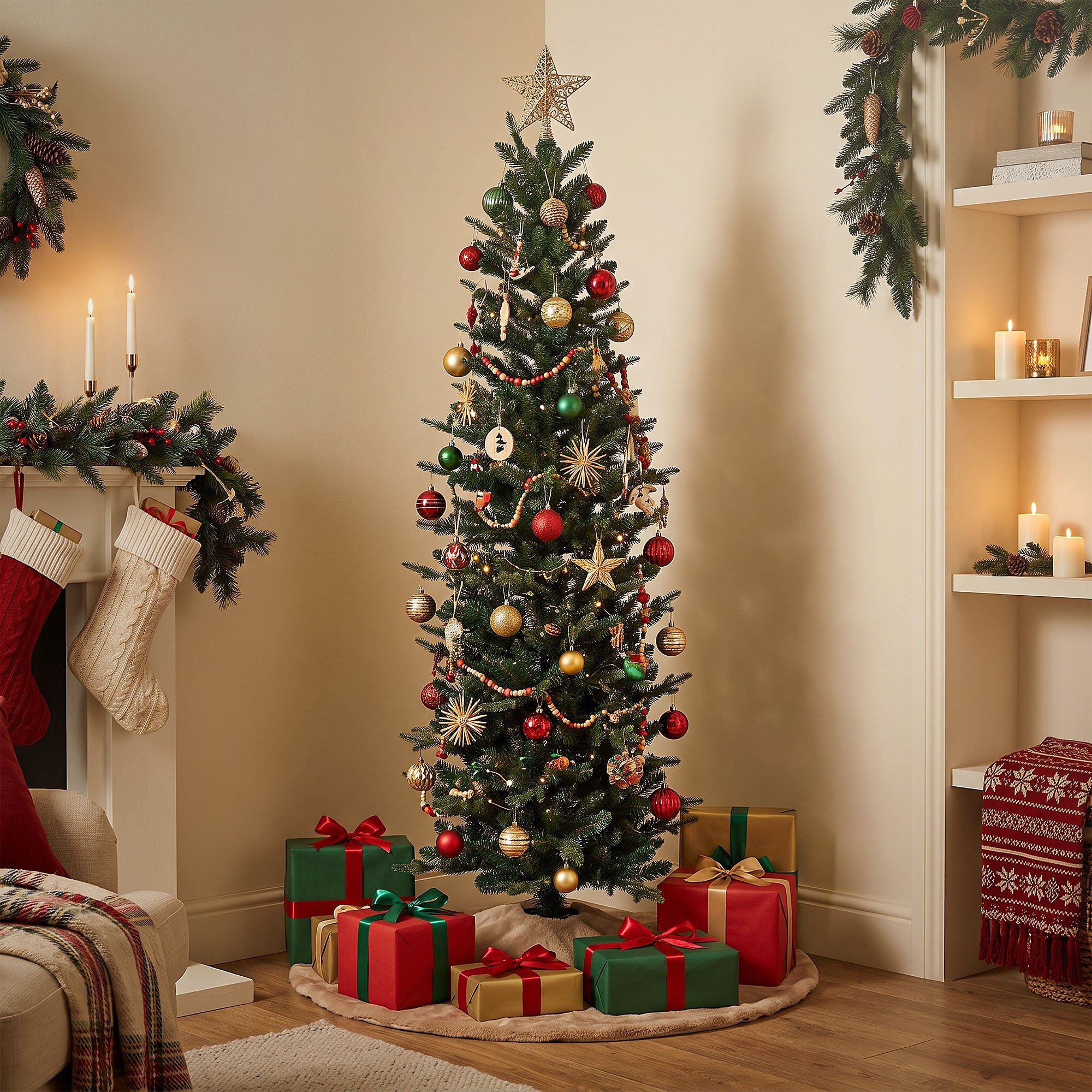 Weihnachtsbaum mit roten und goldenen Ornamenten, umgeben von Geschenken und Dekoration.