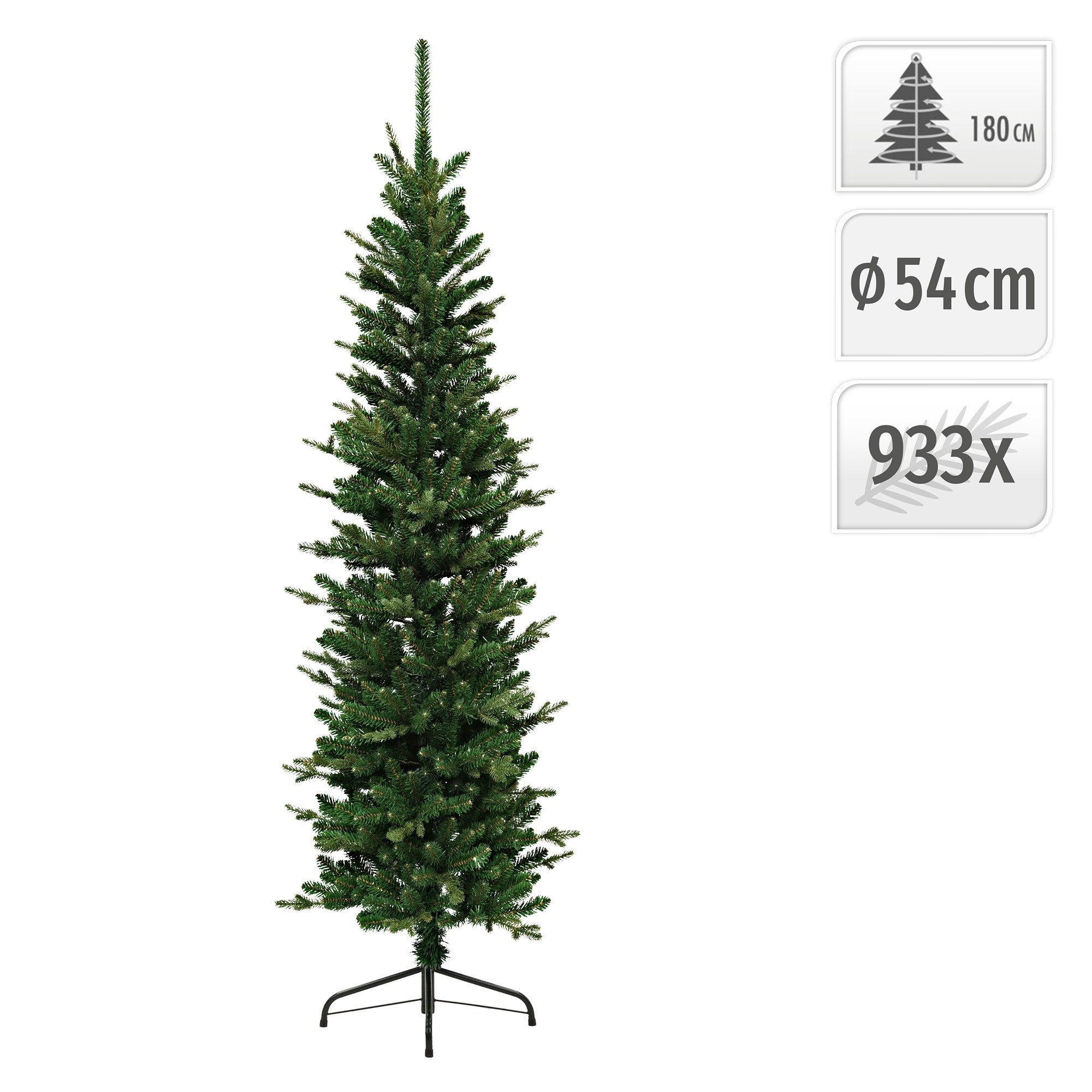 Műfenyő, 180 cm magas, állvánnyal, zöld.