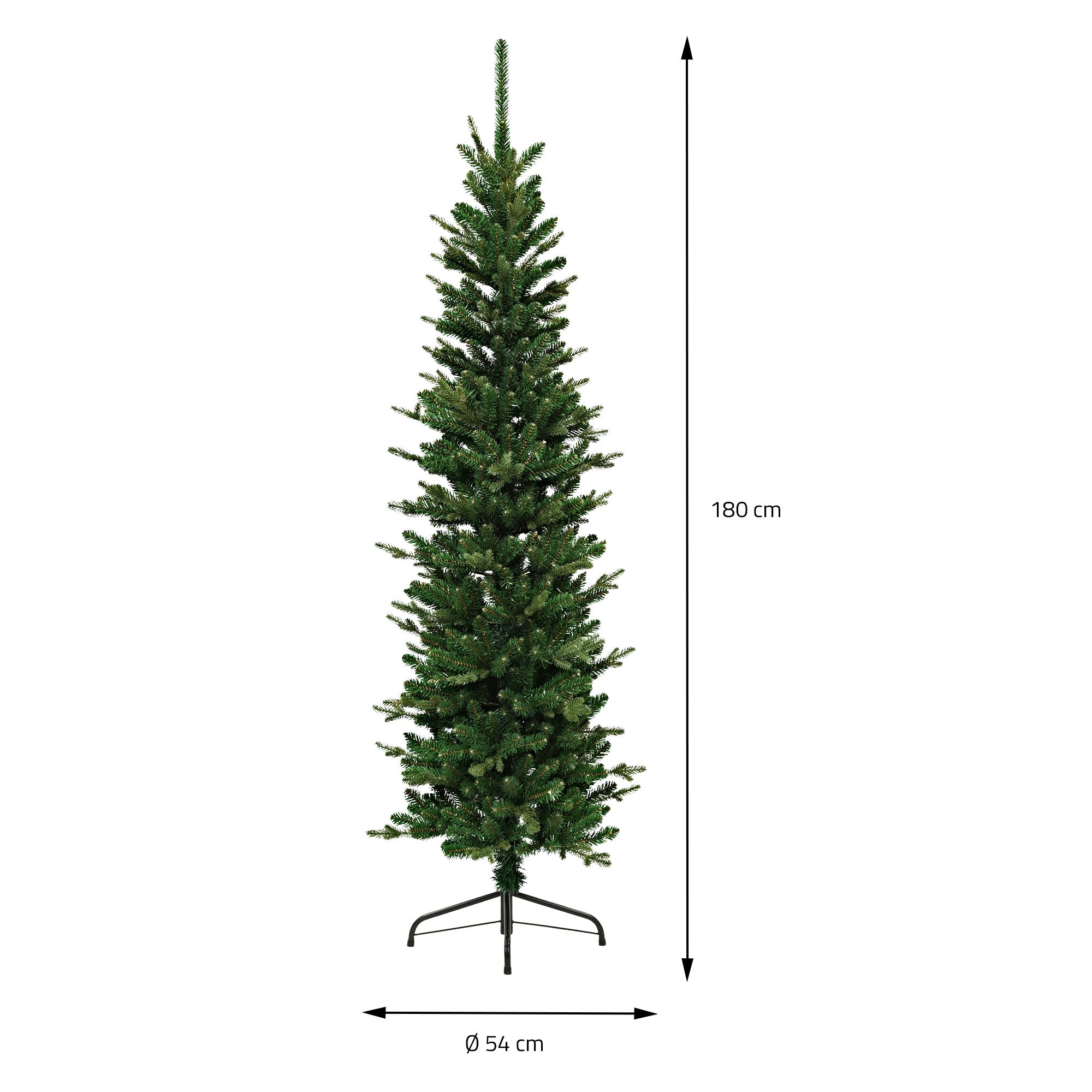 Műfenyő 180 cm magas és 54 cm átmérőjű.
