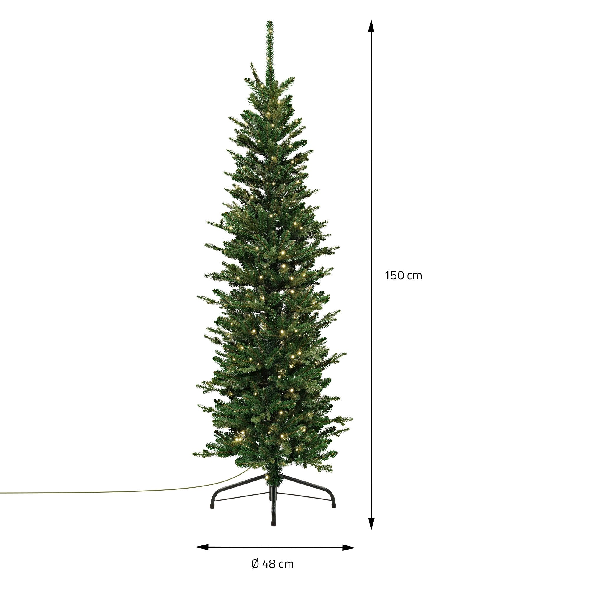 Tekojoulukuusi mitoilla: korkeus 150 cm, halkaisija 48 cm.