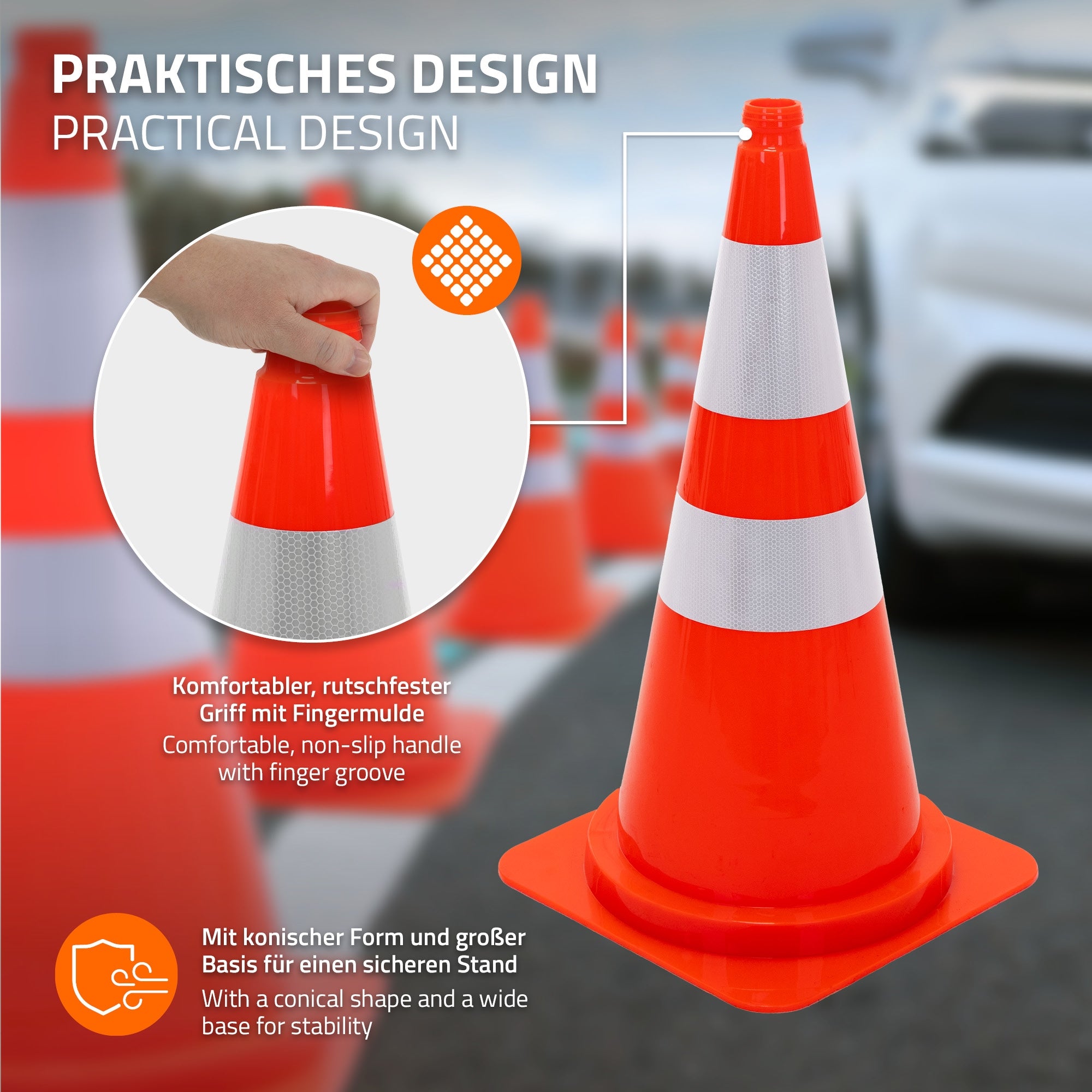 Oranžový dopravní kužel s protiskluzovou rukojetí.