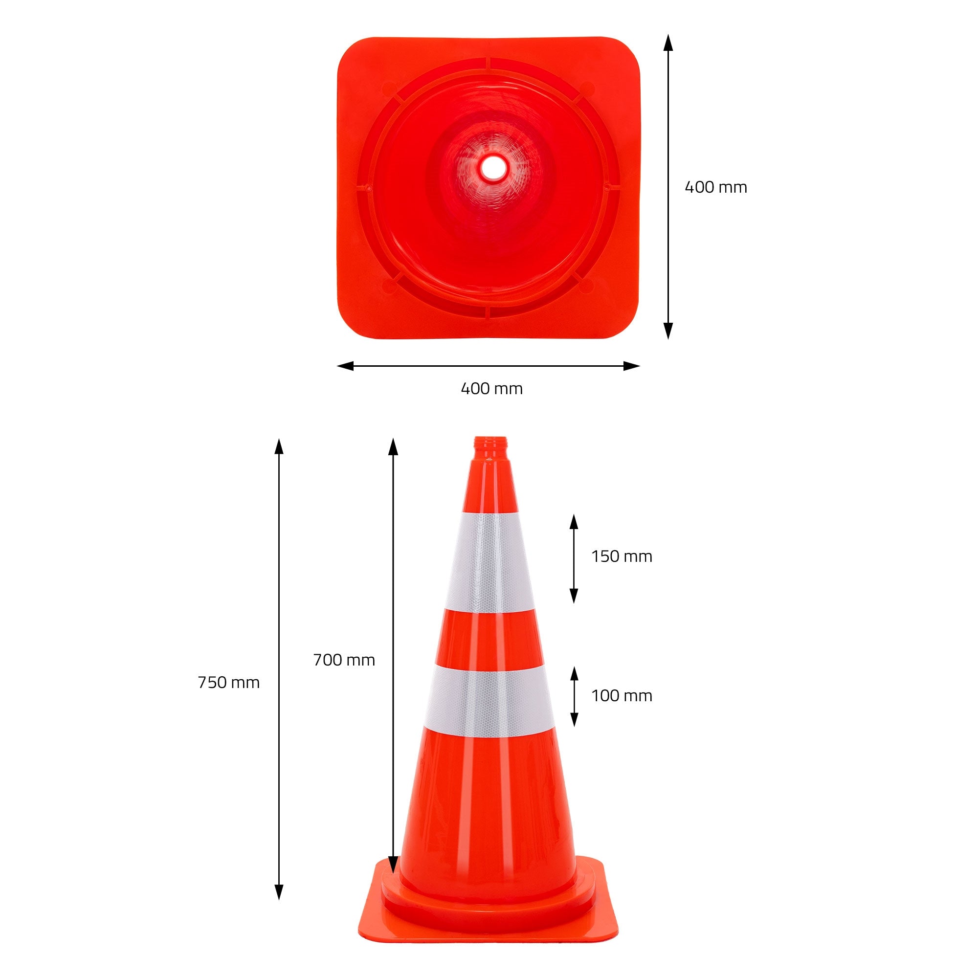 Rode verkeerskegel met witte strepen, afmetingen: 750 mm hoog, 400 mm breed.