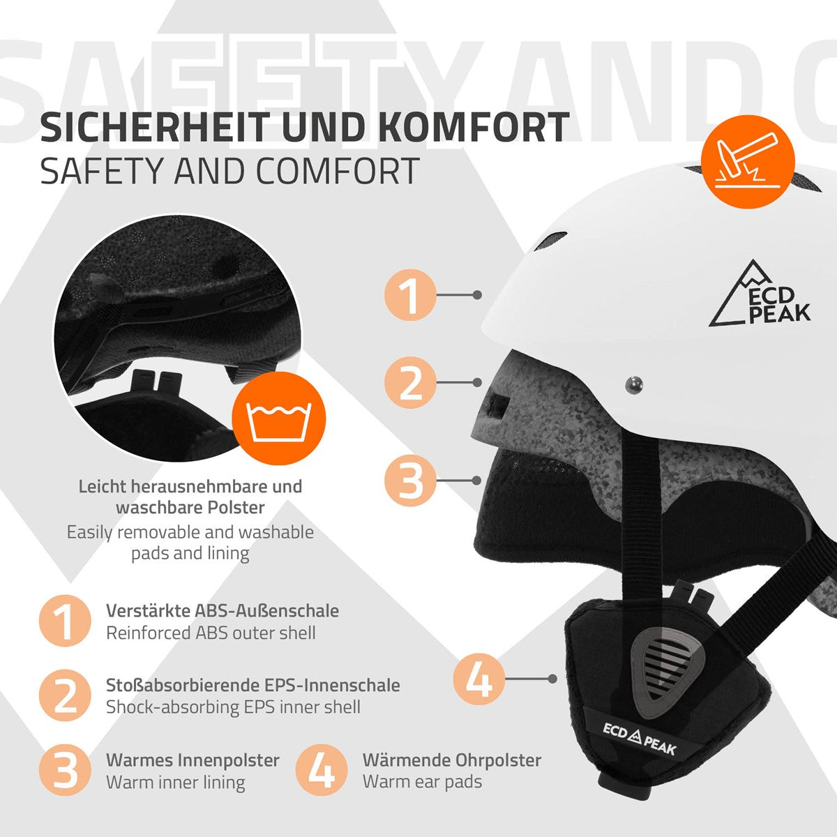 Weißer Skihelm mit abnehmbaren Polstern und Sicherheitsmerkmalen.