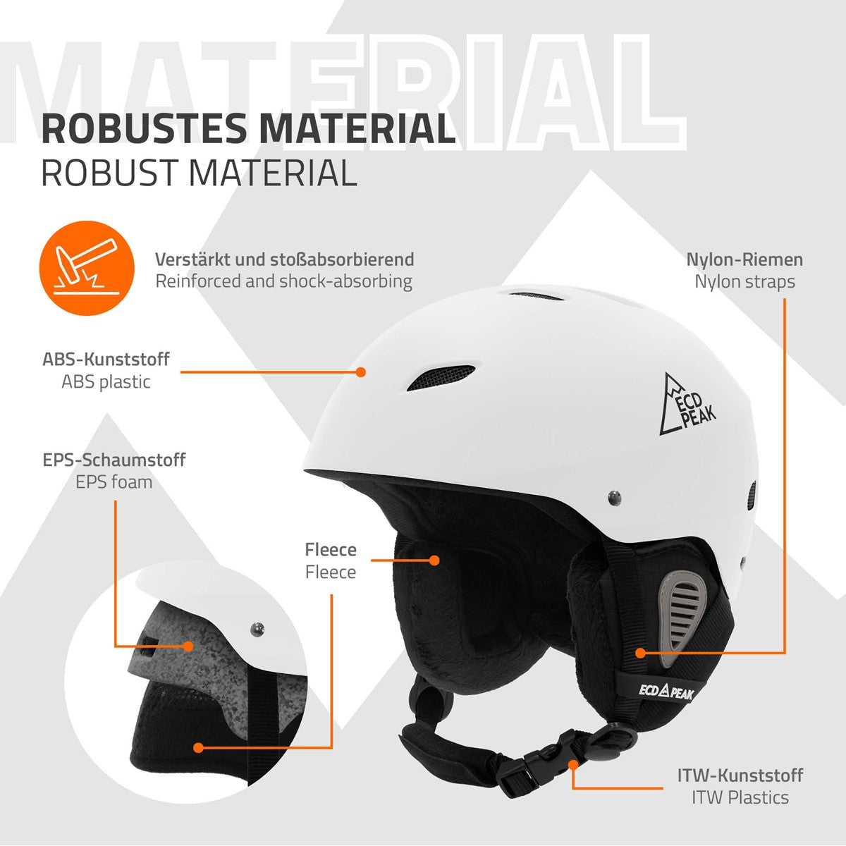 Weißer Ski- und Snowboardhelm mit Innenpolsterung und Nylonriemen.