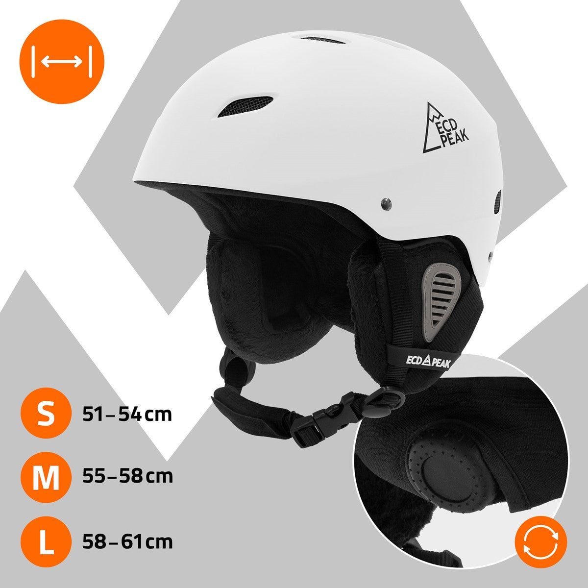 Weißer Skihelm mit Größenangaben und Logo von ECD PEAK.