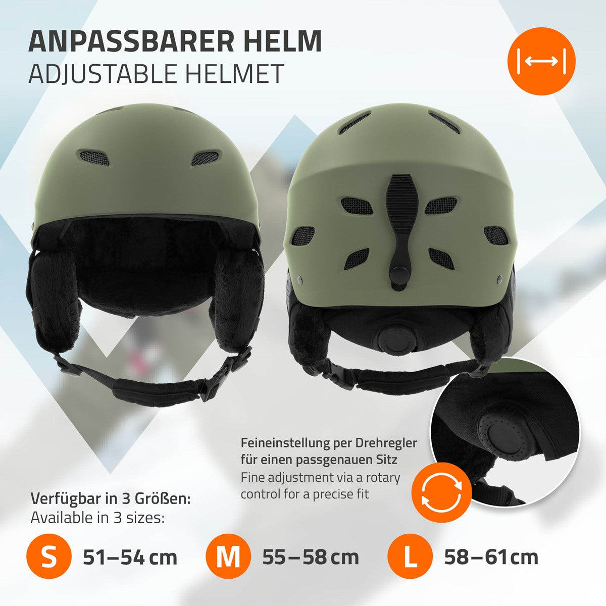 Zwei Ansichten eines anpassbaren Helms in grün, Größenangaben S, M, L.