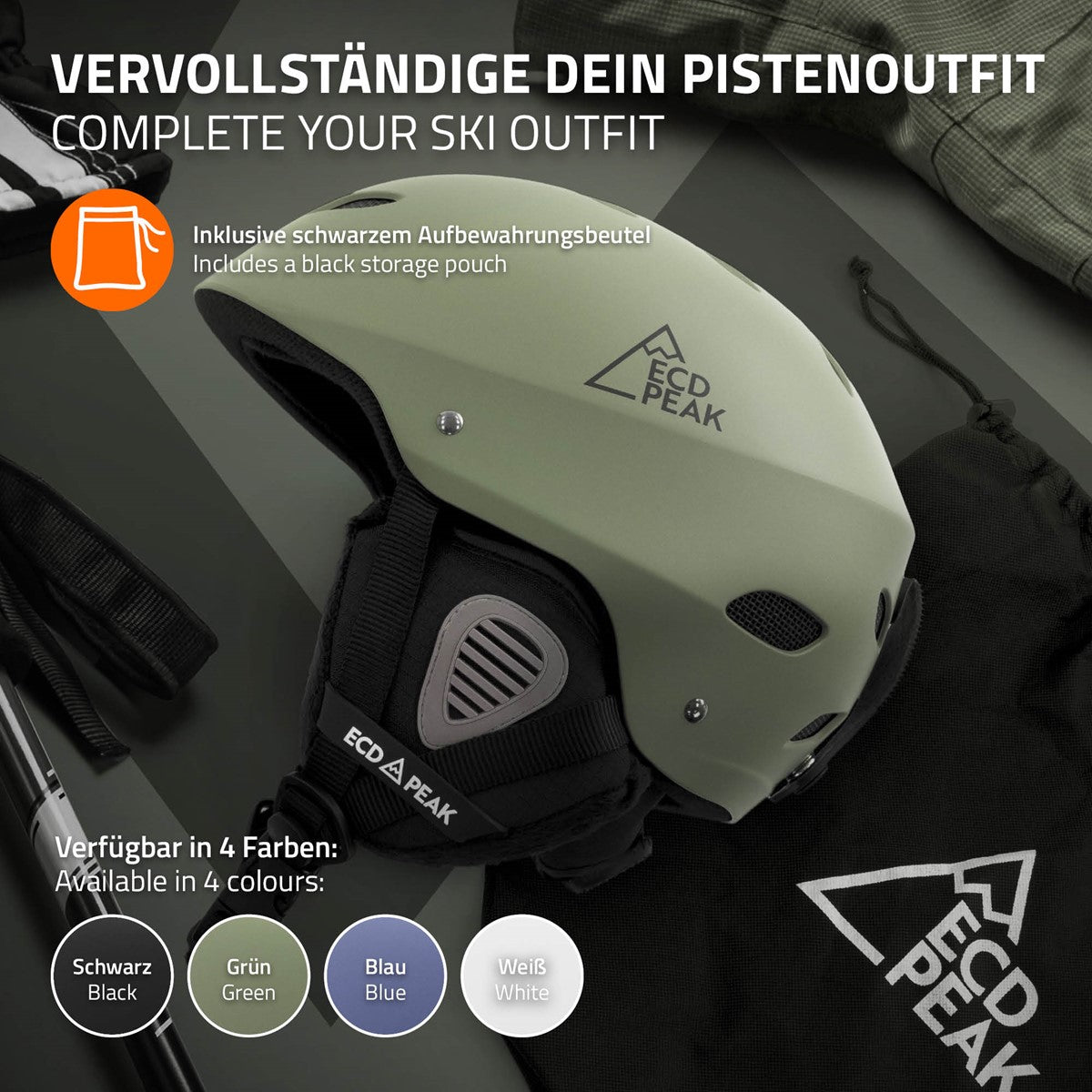 Grüner Skihelm mit schwarzem Aufbewahrungsbeutel und ECD PEAK Logo.