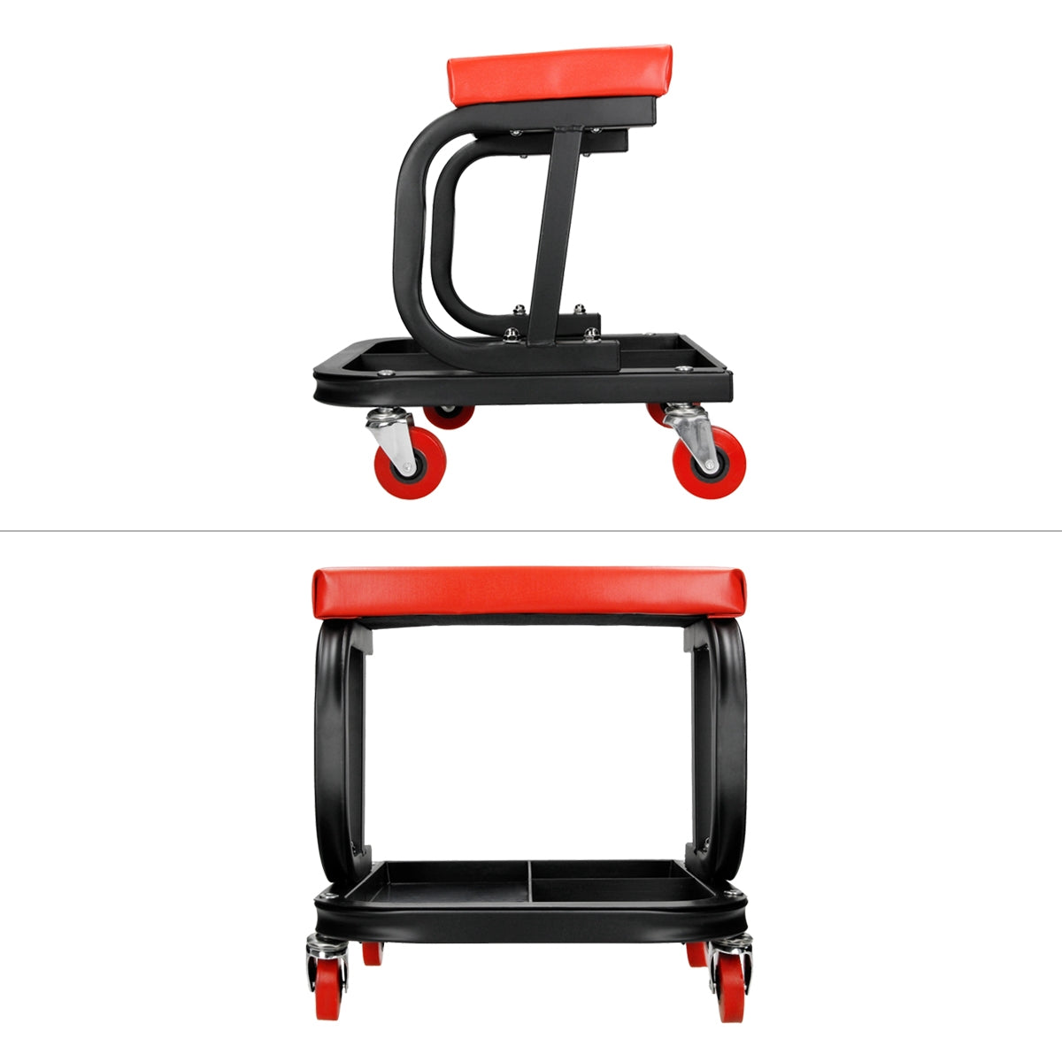 Carro de taller negro con asiento rojo y cuatro ruedas.