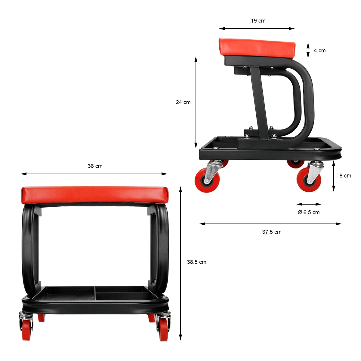 Un carro de taller rojo con cuatro ruedas y un asiento acolchado.