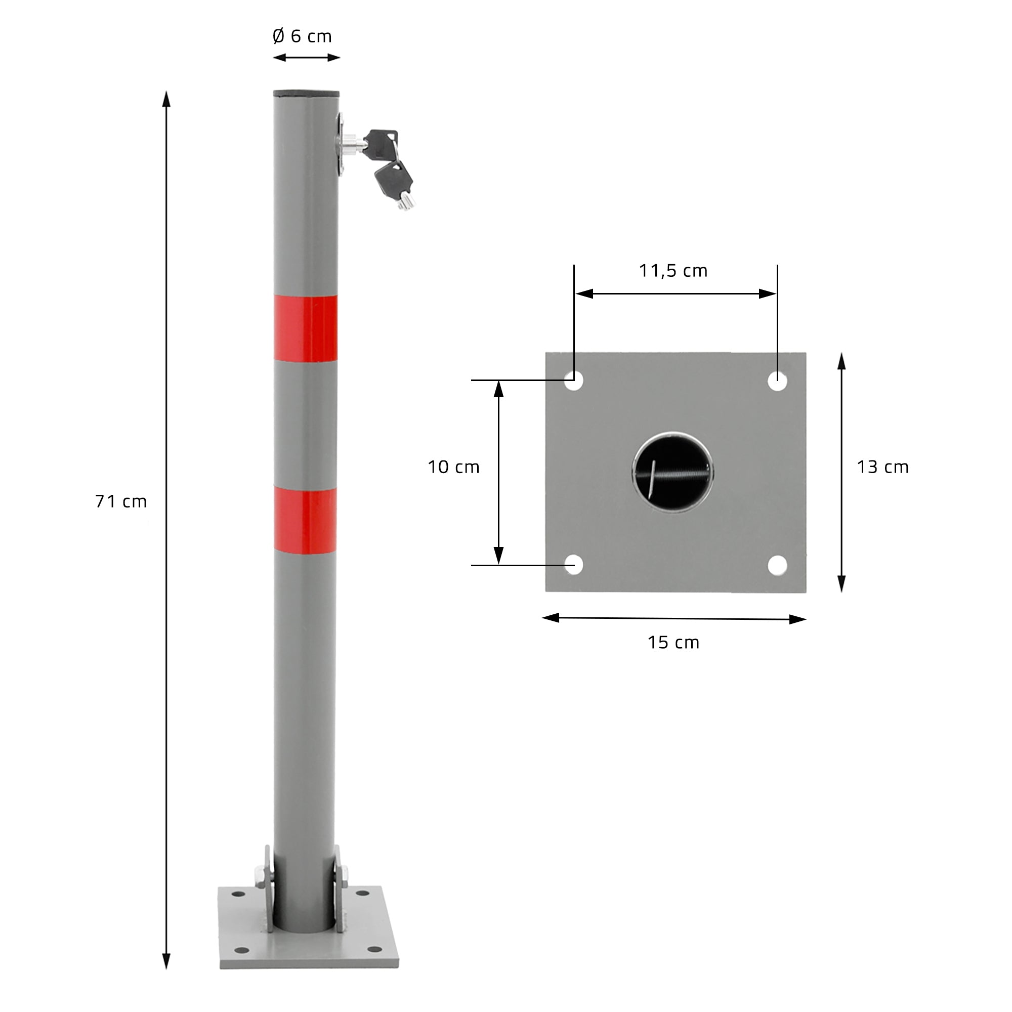 Potelet gris avec des bandes rouges et une clé, dimensions et plaque de montage illustrées.