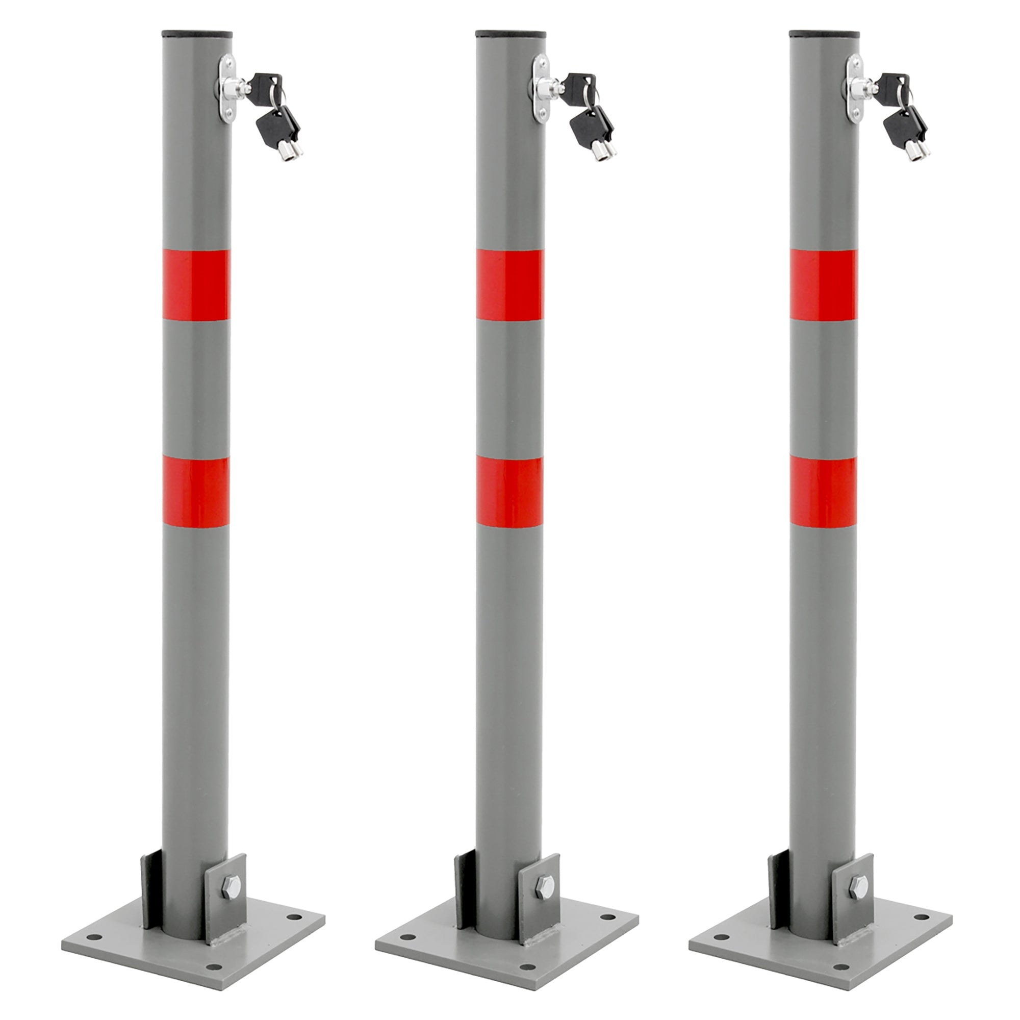 Trois poteaux gris avec des bandes rouges et des cadenas.