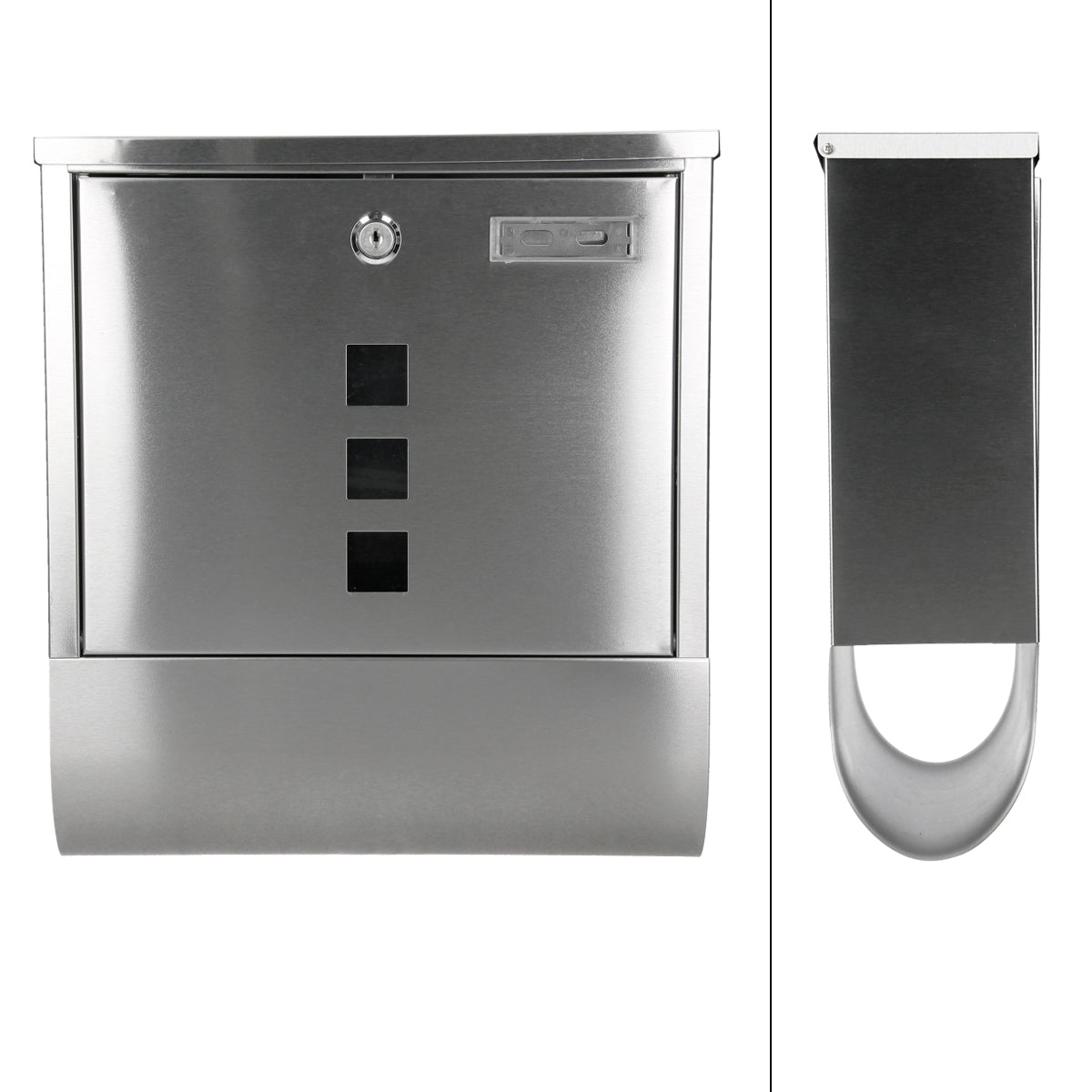 Stainless steel mailbox with three openings and keyhole, front and side view.