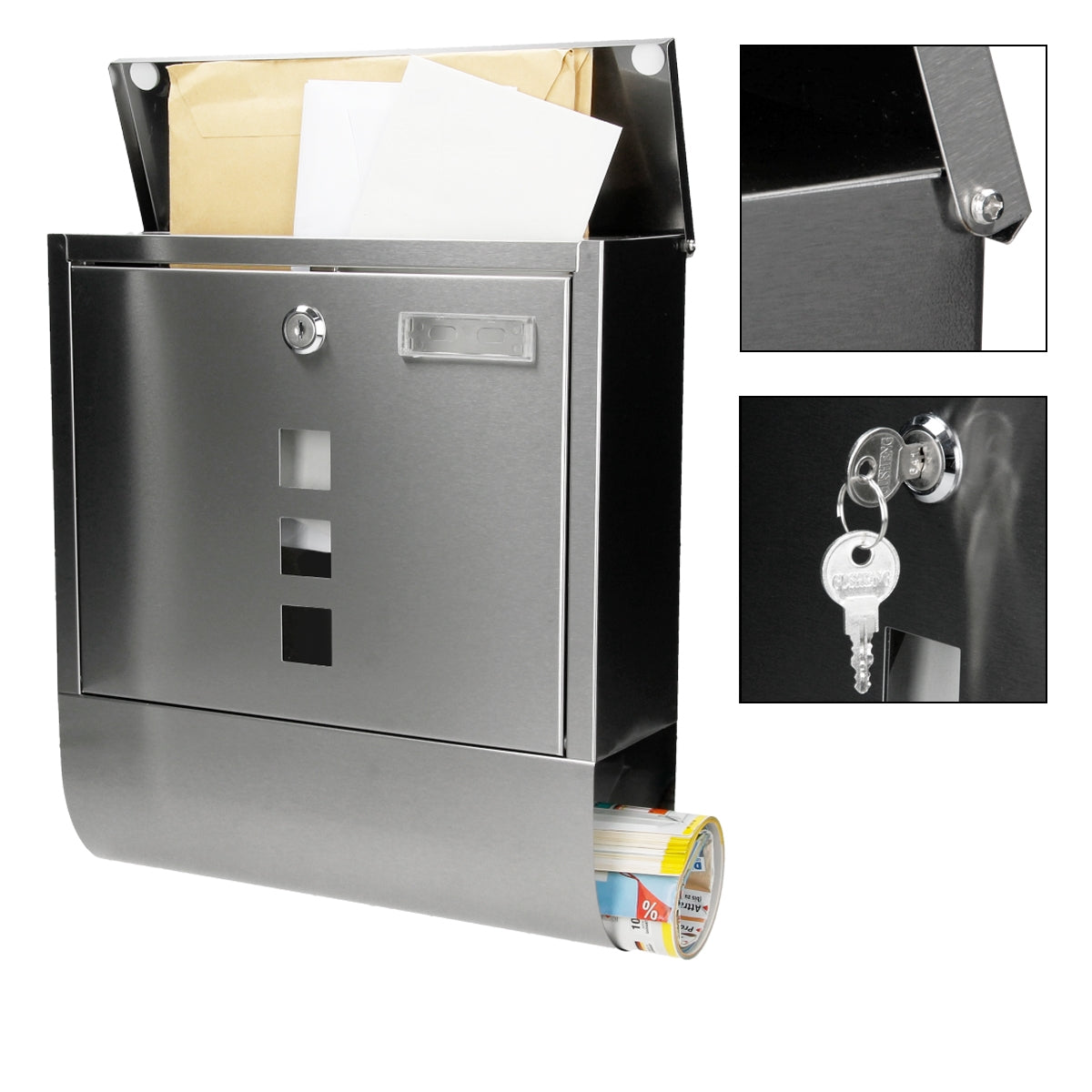 Stainless steel mailbox with viewing window and keyhole.