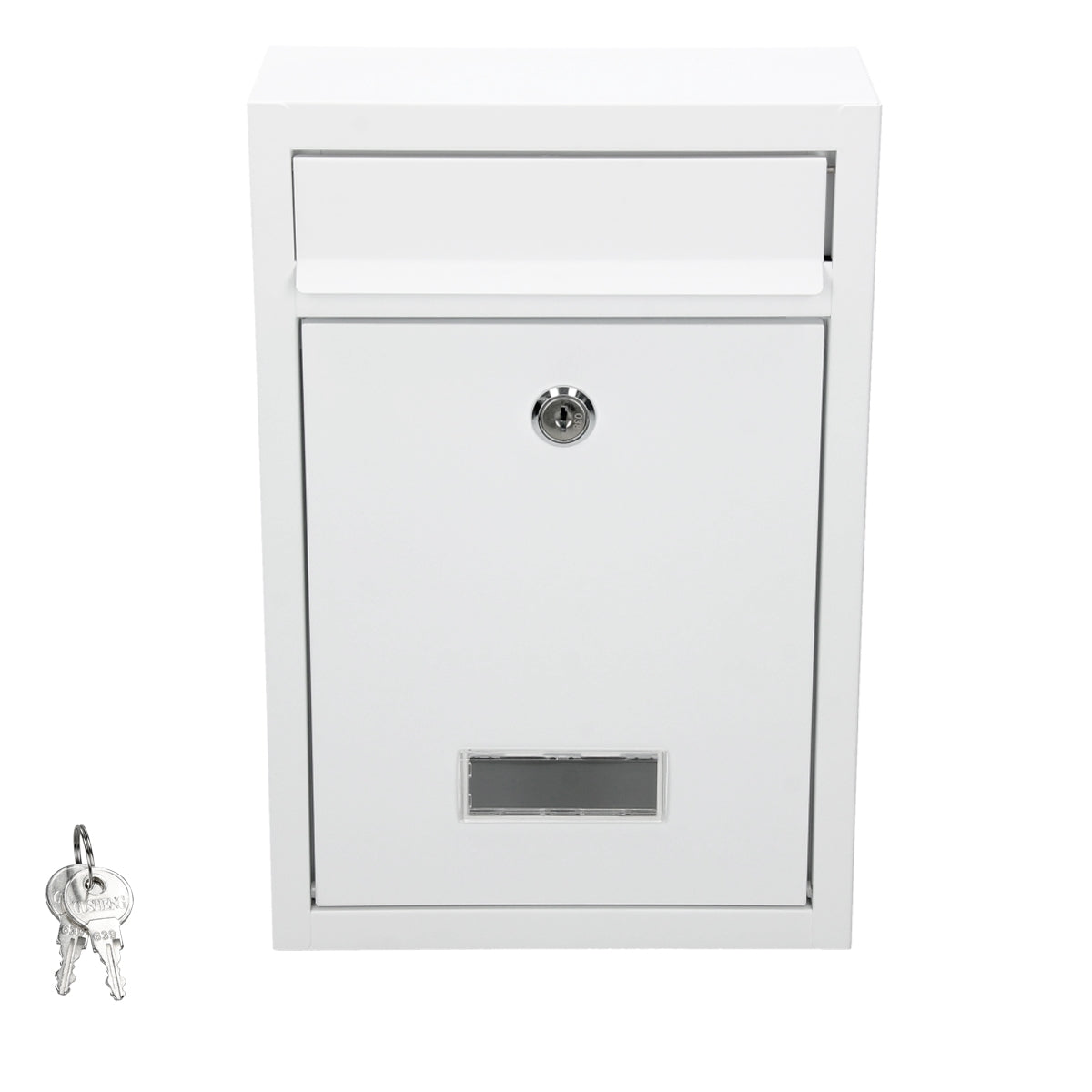 White mailbox with key, dimensions: 21.5 cm x 32 cm x 9 cm.