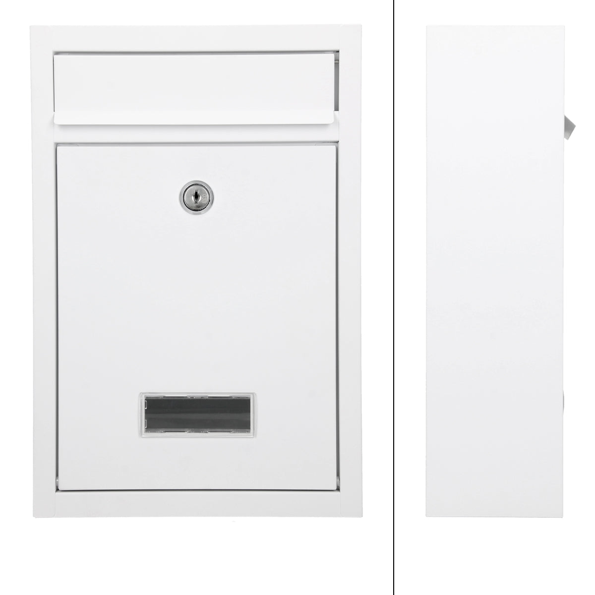 White mailbox with a slot and keyhole, front and side view.