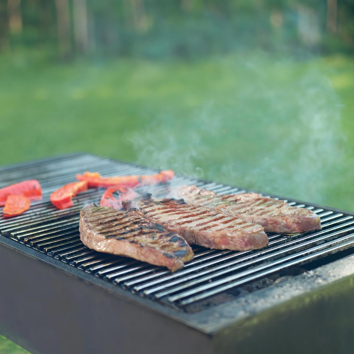 Tři grilované steaky na grilu s kouřovým pozadím.