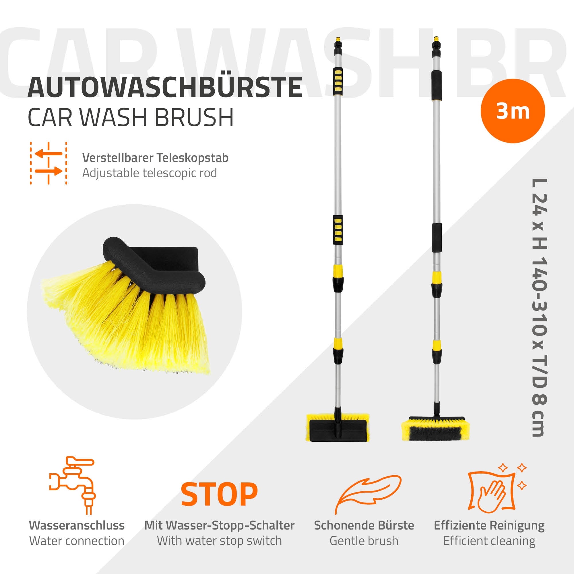 Brosse de lavage de voiture avec un manche télescopique réglable et une brosse jaune.