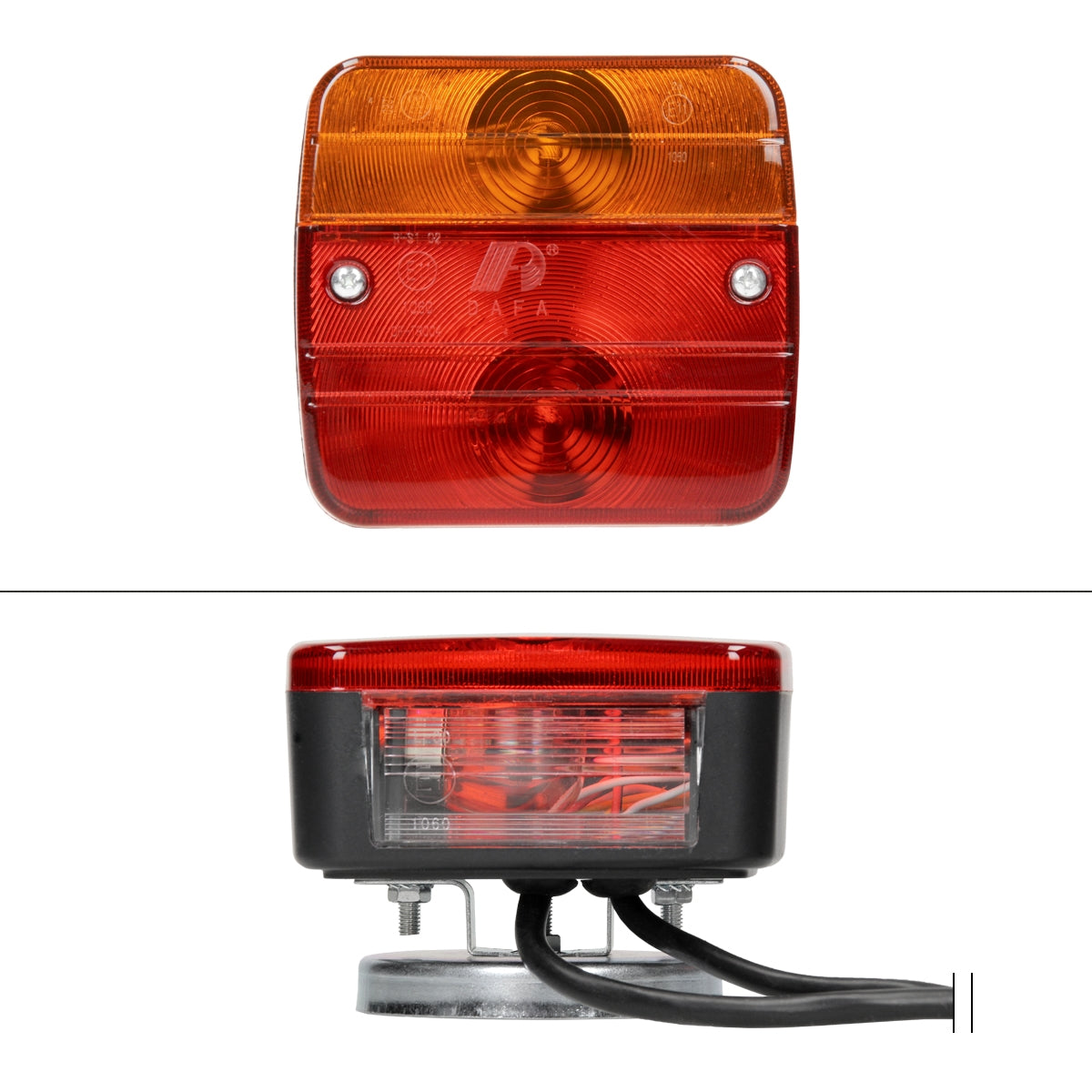 Feu arrière rouge et orange avec deux lampes et câble de connexion.