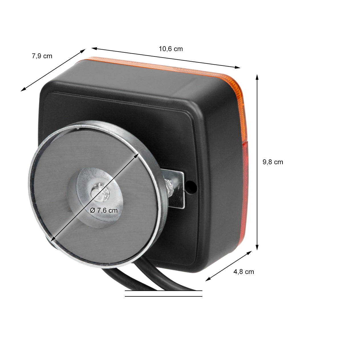 A black tail light with dimensions on a white background.