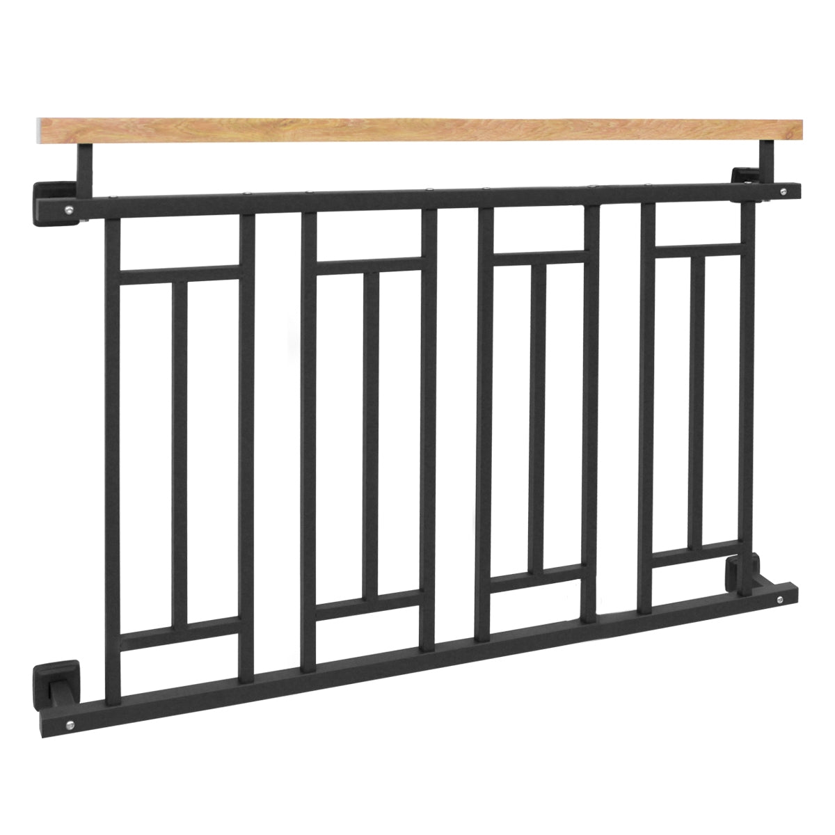 Schwarzes Geländer mit Holzoberfläche und geometrischem Design.