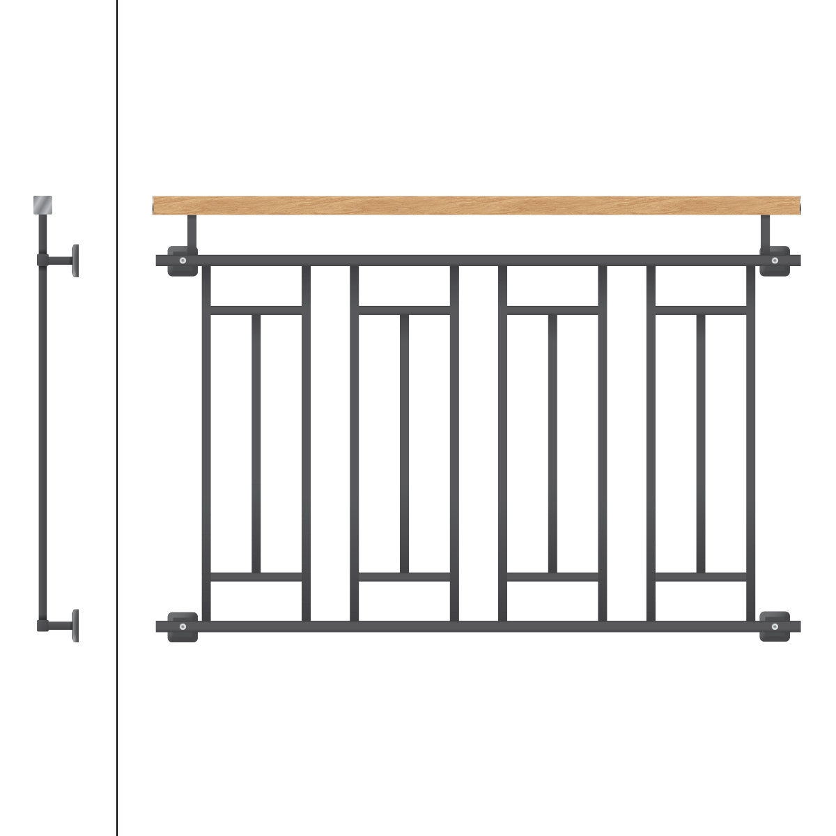 Geländer mit Holzoberfläche und geometrischem Metalldesign, schwarz.