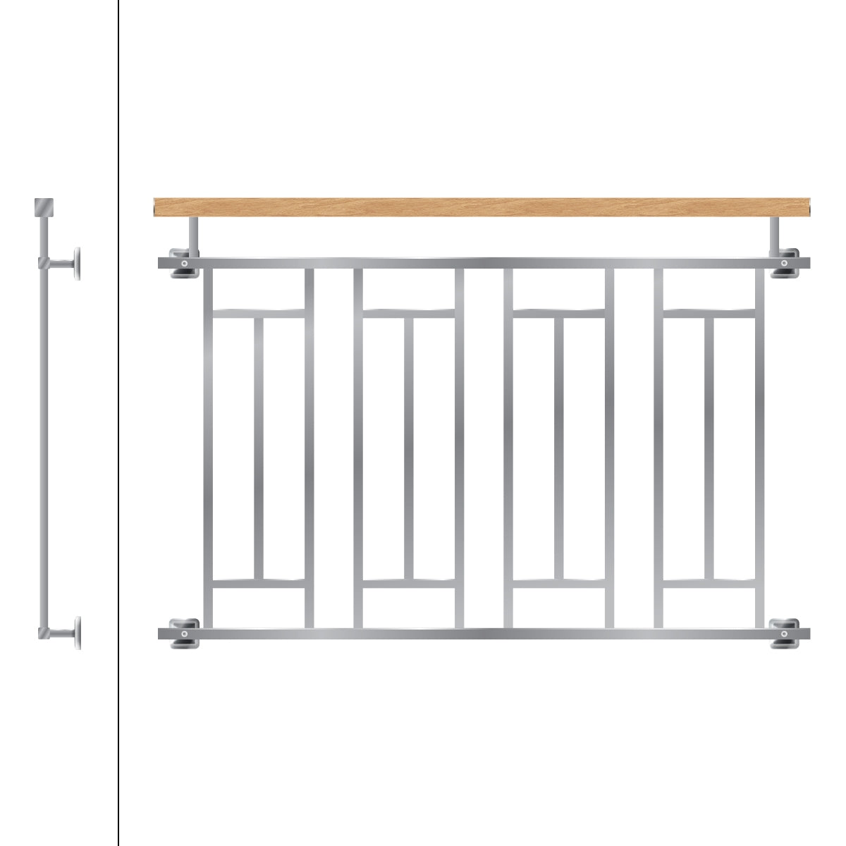 Geländer mit Holzoberfläche und geometrischem Metalldesign, silberfarben.