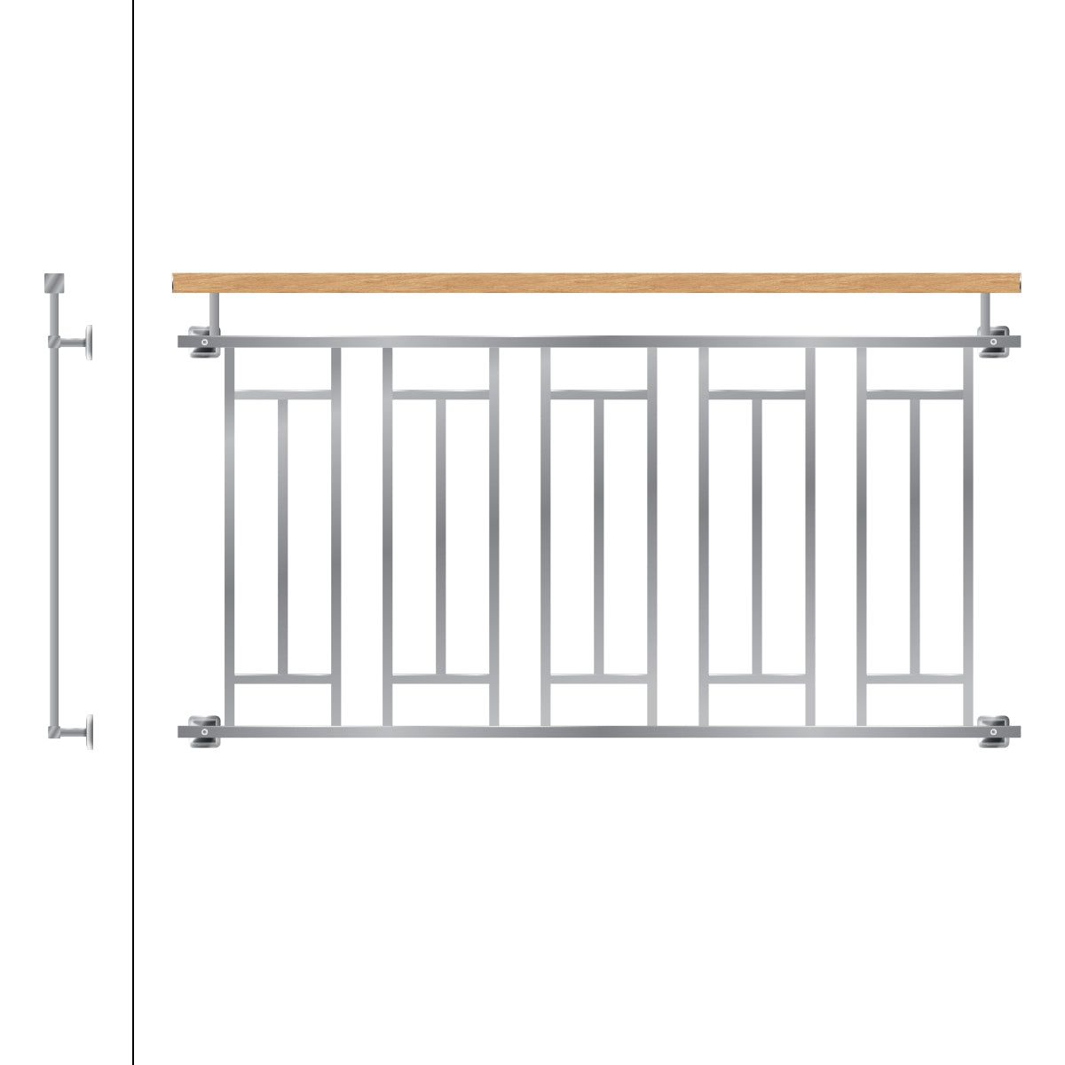 Korlát fa felülettel és geometrikus fém dizájnnal, ezüst színben.