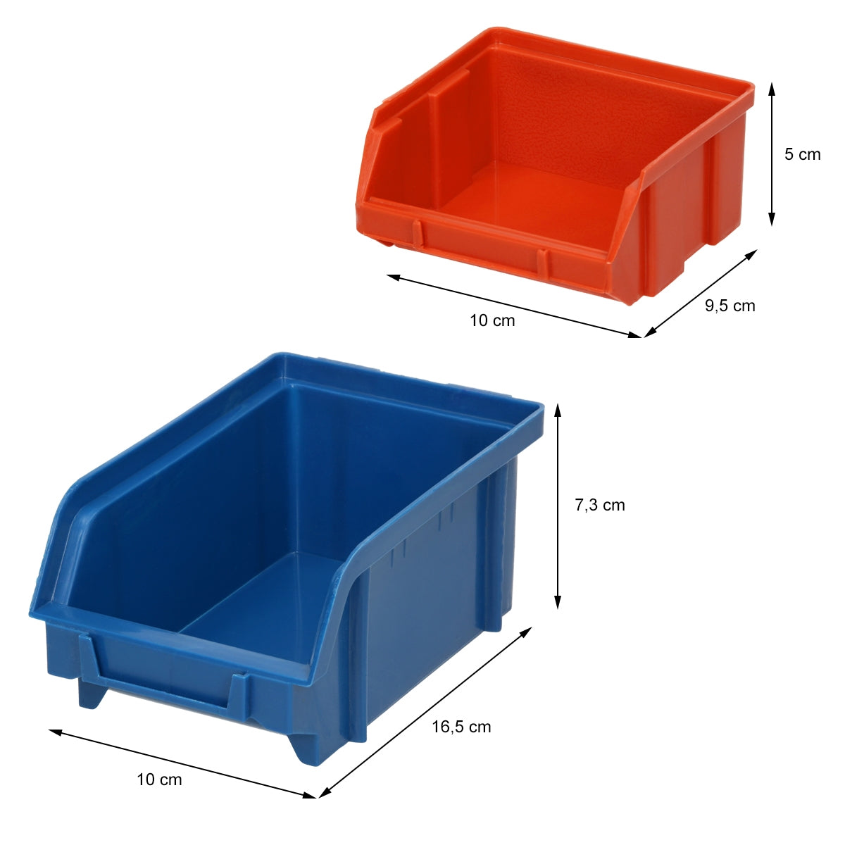 Rote und blaue Kunststoffboxen in verschiedenen Größen.