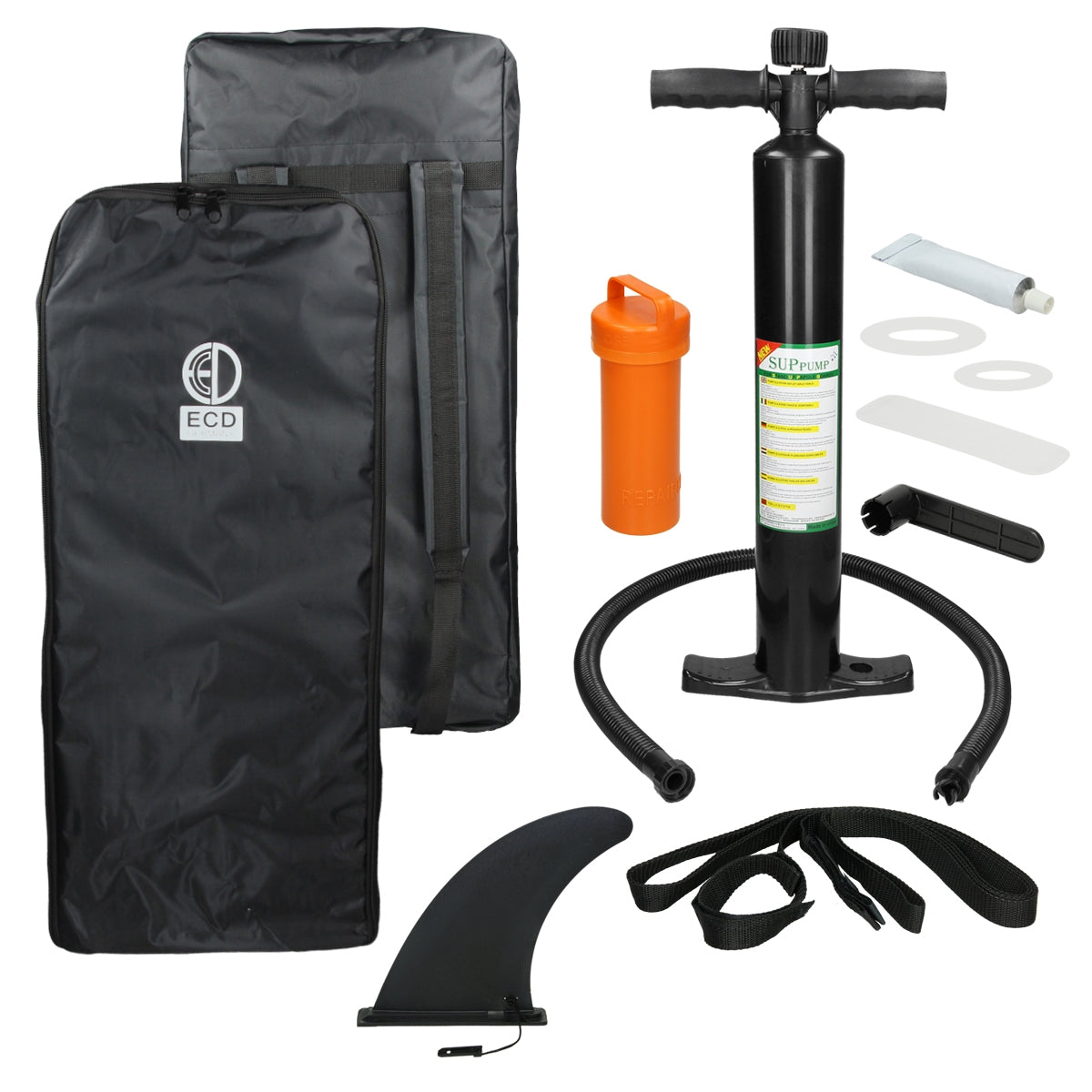 Accesorios para Stand-Up-Paddle: bomba, aleta, bolsa y otras piezas sobre un fondo blanco.