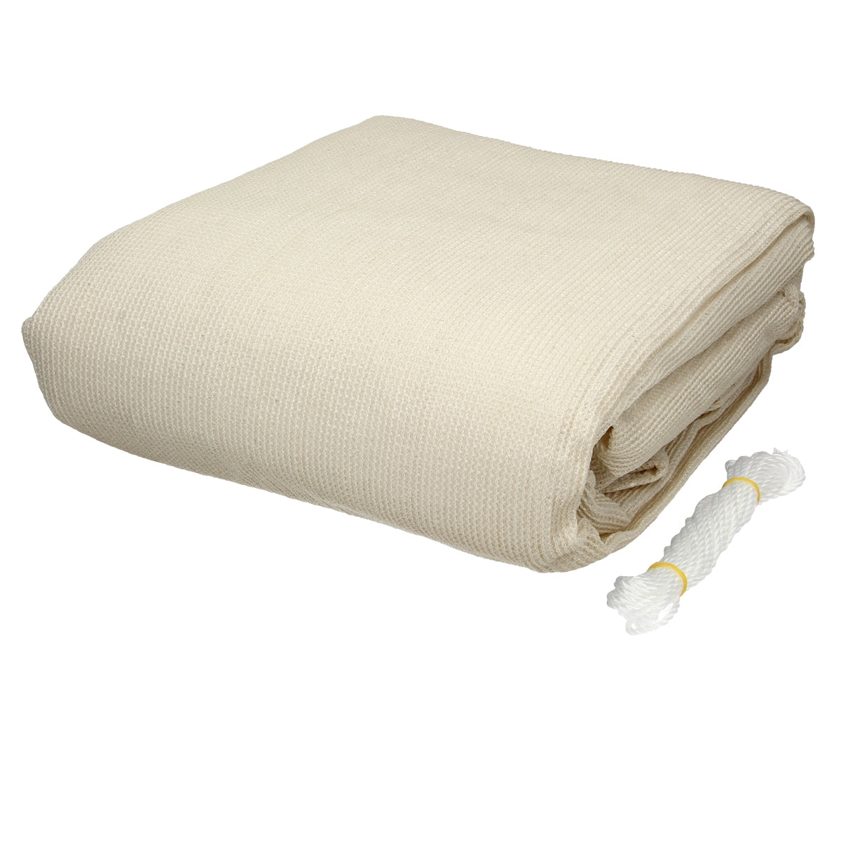 Folded cream-colored blanket next to a white rope.