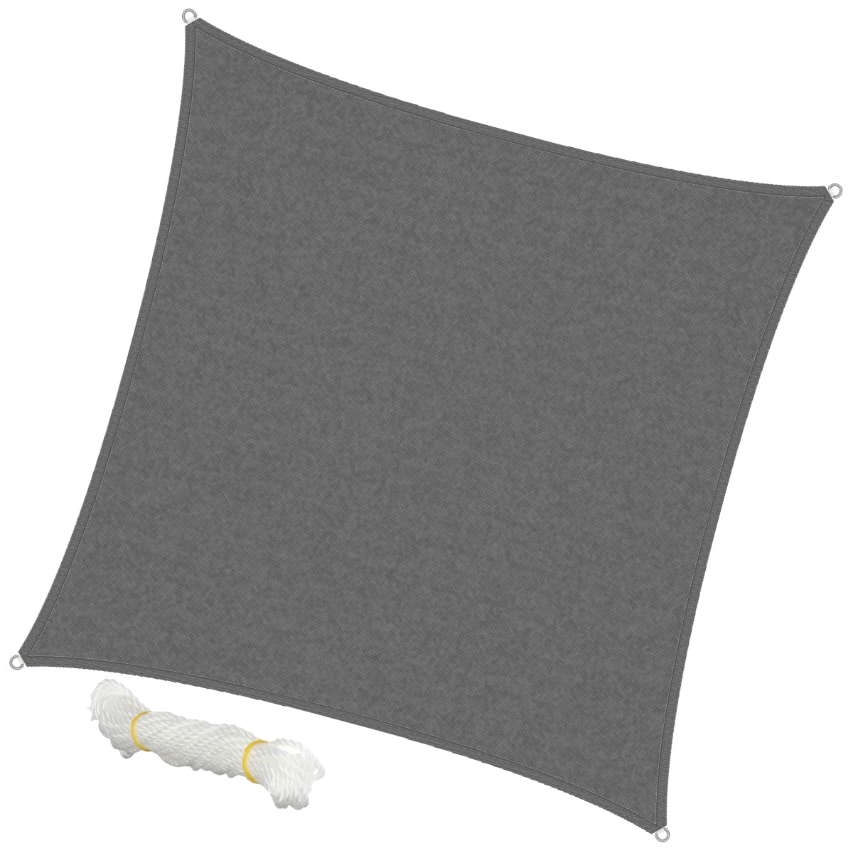 Gray sunshade in square shape with a rope next to it.