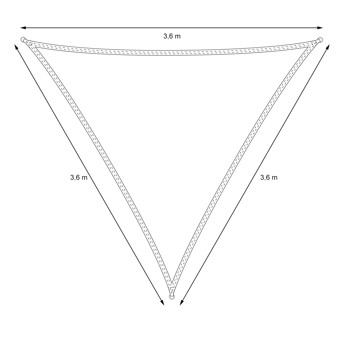 Technical drawing of a triangular tarpaulin with dimensions of 3.6 m.