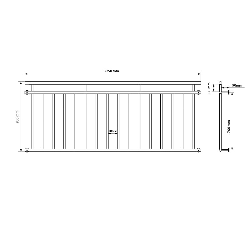 Rysunek techniczny balustrady z wymiarami w milimetrach.