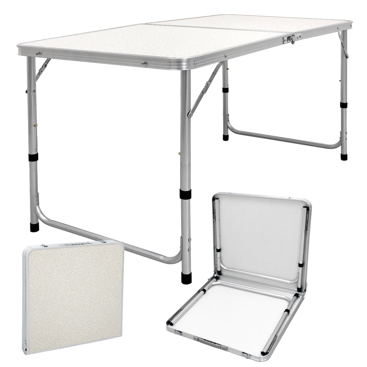 Une table pliante avec un cadre argenté et un plateau de table blanc.
