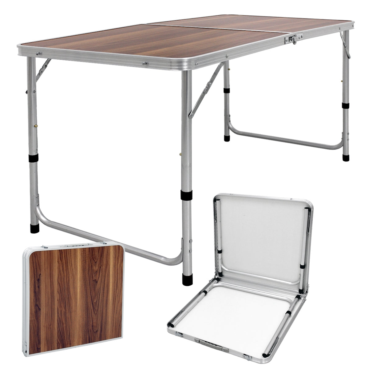 Ein klappbarer Tisch mit Holzoptik und Aluminiumgestell, aufgeklappt und zusammengeklappt.