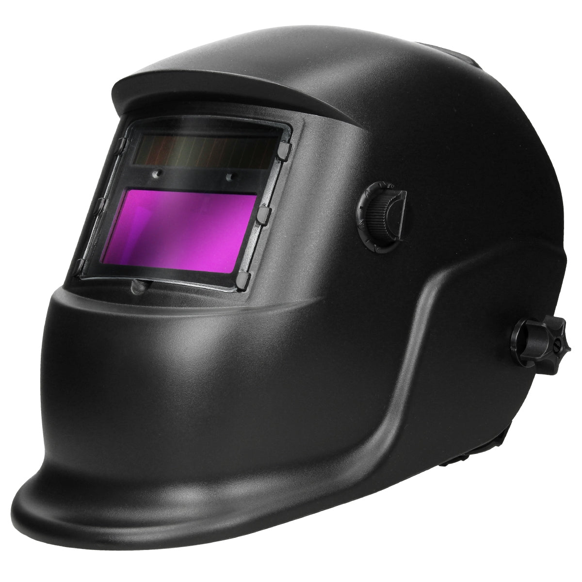 Un casque de soudage noir avec une fenêtre de vision sombre.
