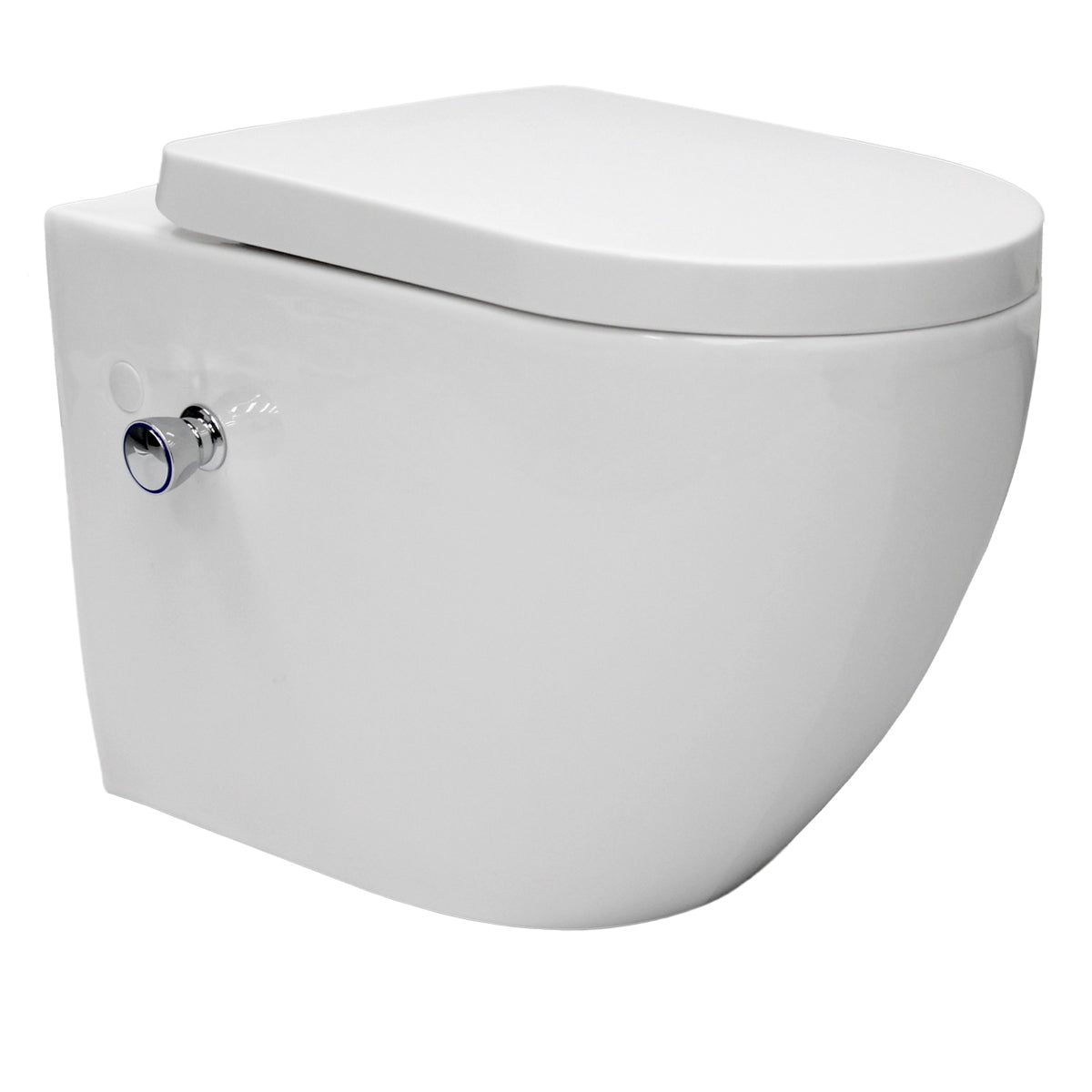 Weißes WC mit abgerundeter Form und geschlossenem Deckel.