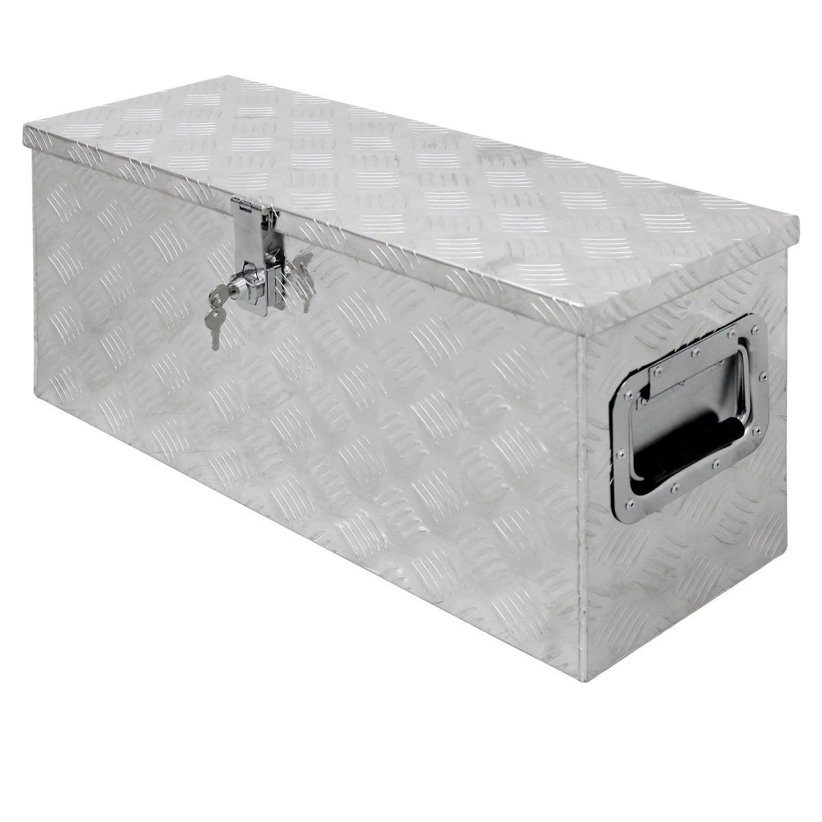 Silver toolbox with a lock and handle on a white background.