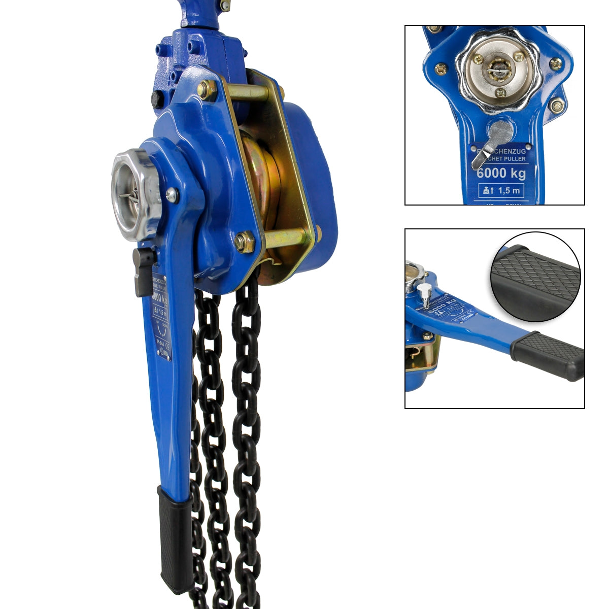 Blue chain hoist device with handle and chain, close-up view.