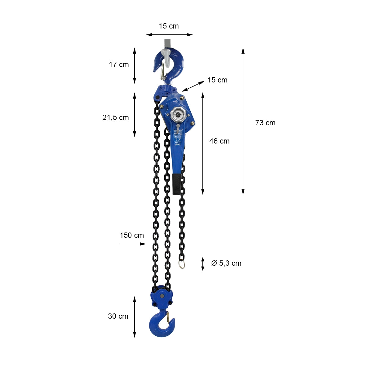 Blue lifting device with chains and hooks, dimensions are specified.