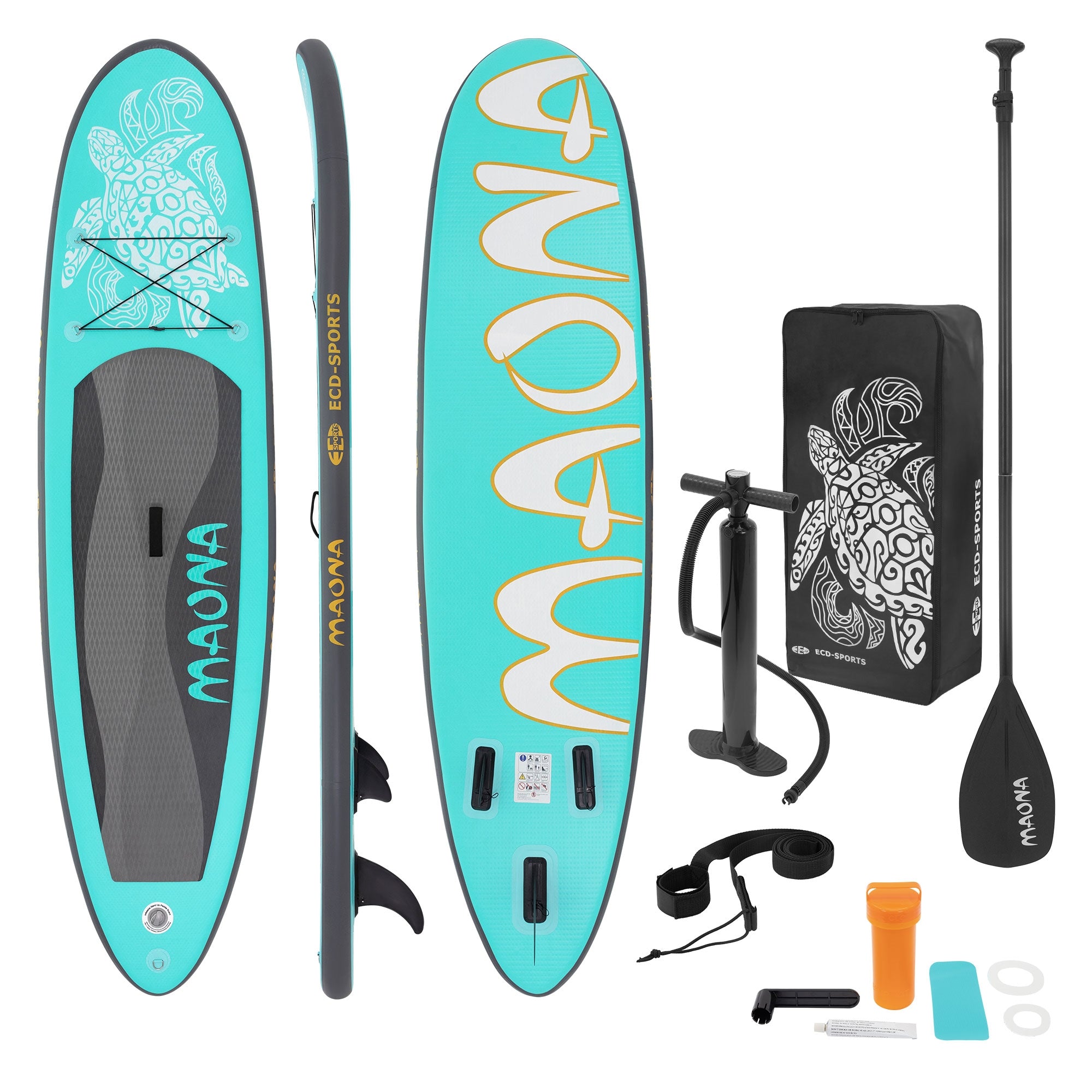 Stand-Up-Paddle-Board türkiz színben kiegészítőkkel, mint például pumpa és ivóedény.